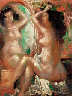 "Nude by the Mirror" Mid-Century Modern Expressionist and Cubist Figure