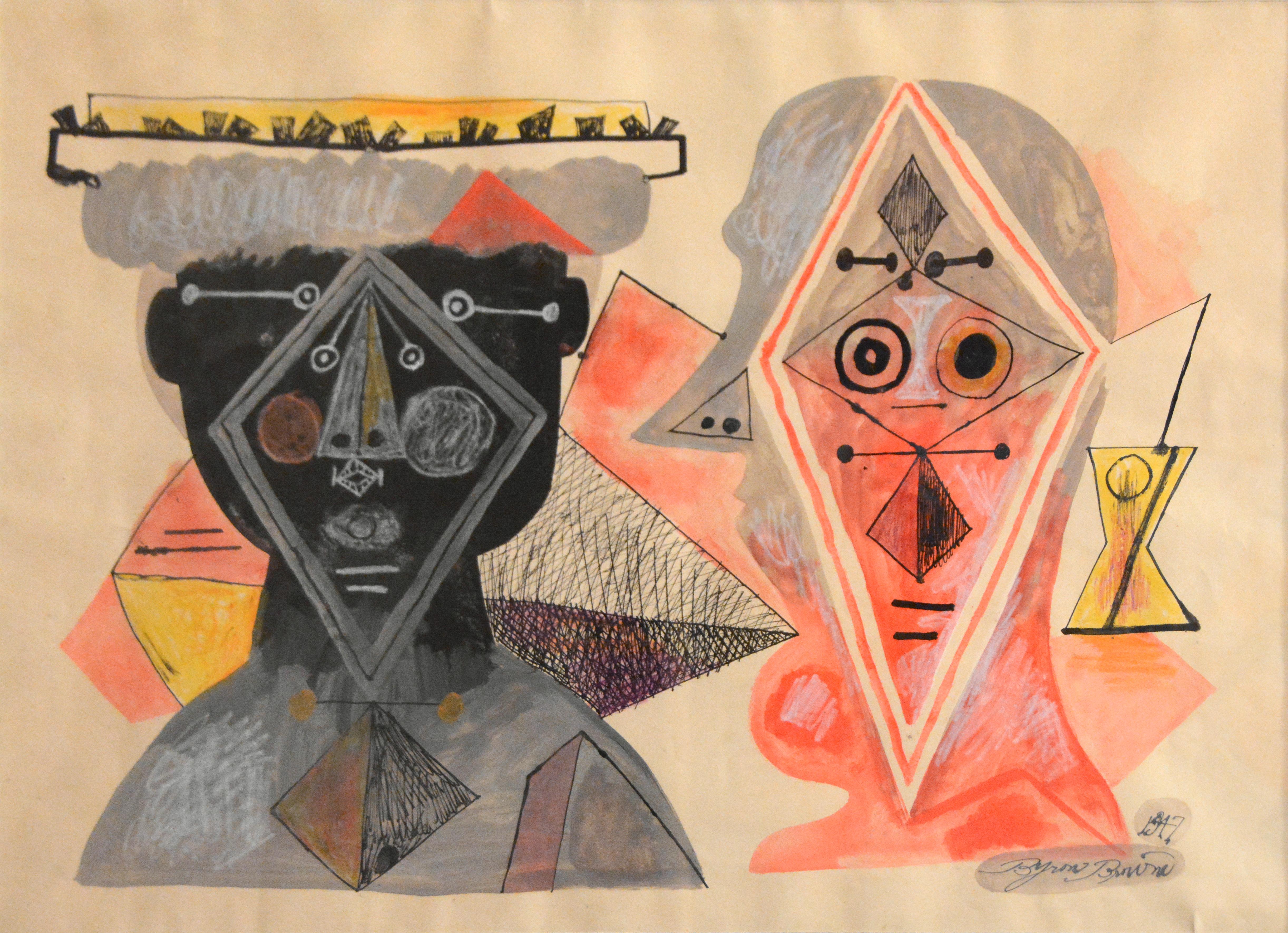 Byron Browne Abstract Painting - Two Heads -- 1947