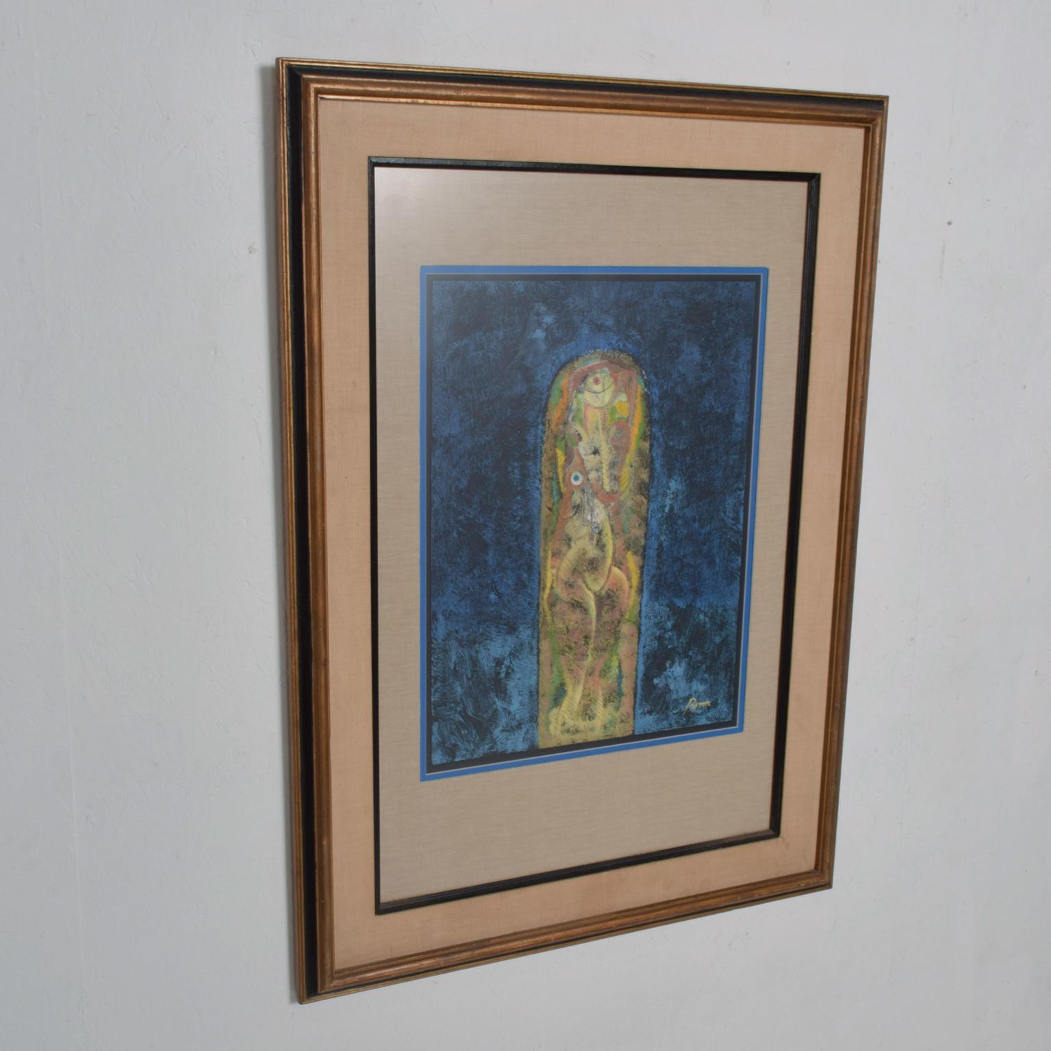 
Byron Galvez, Mexican Artist is known for his painting as well as sculptural work. 
This work is mixed media technique, blue is dominant color. 
32.25W x 44.5 H x 1.5 D, Art 19 x 25H 
Original Preowned Condition. 
Review the images.