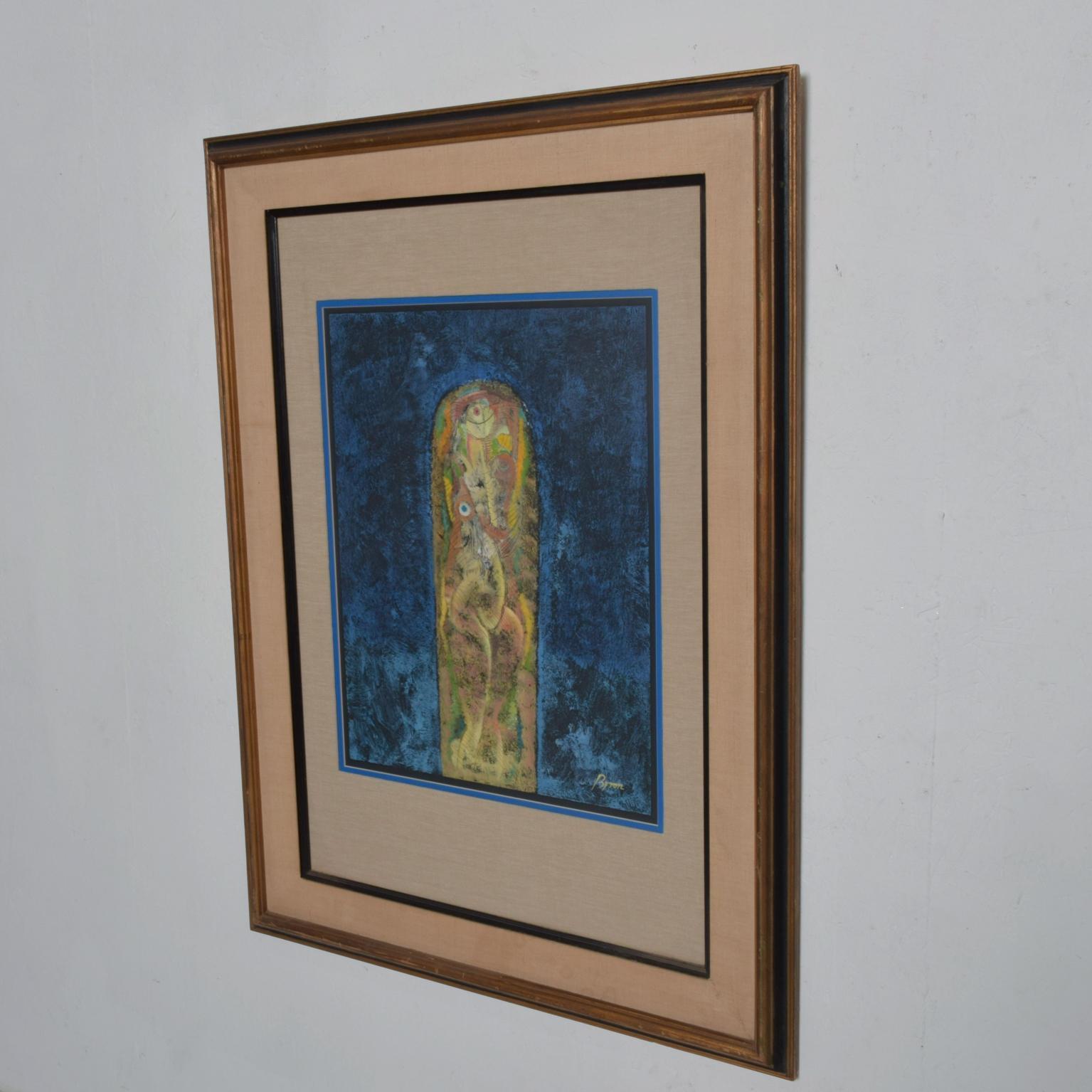 Mid-Century Modern 1980s Byron Galvez Art Mexican Modernism Blue Abstract Mixed Media Painting For Sale