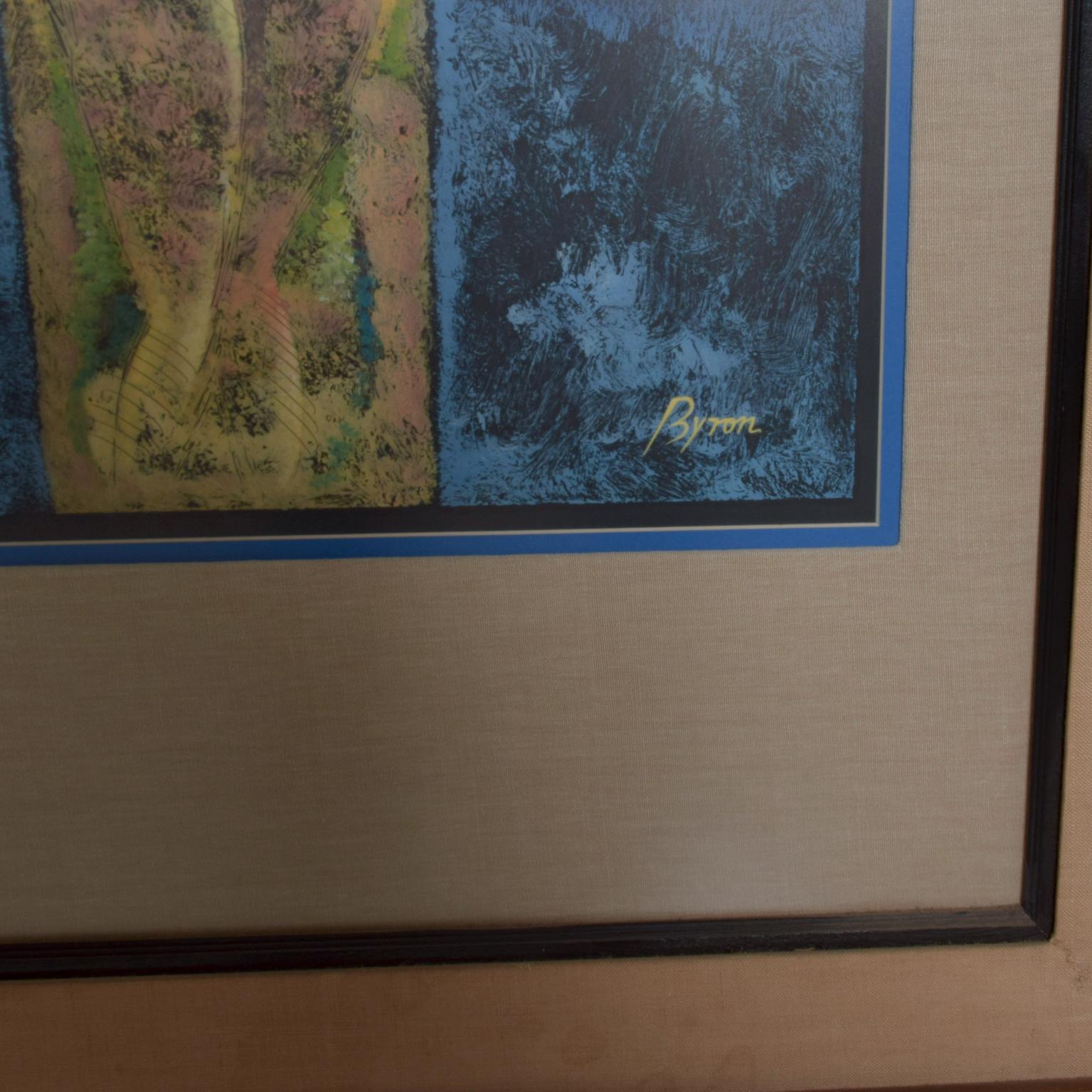 Fine XX secolo Byron Galvez Art, pittura astratta a tecnica mista del 1980, Blu in vendita