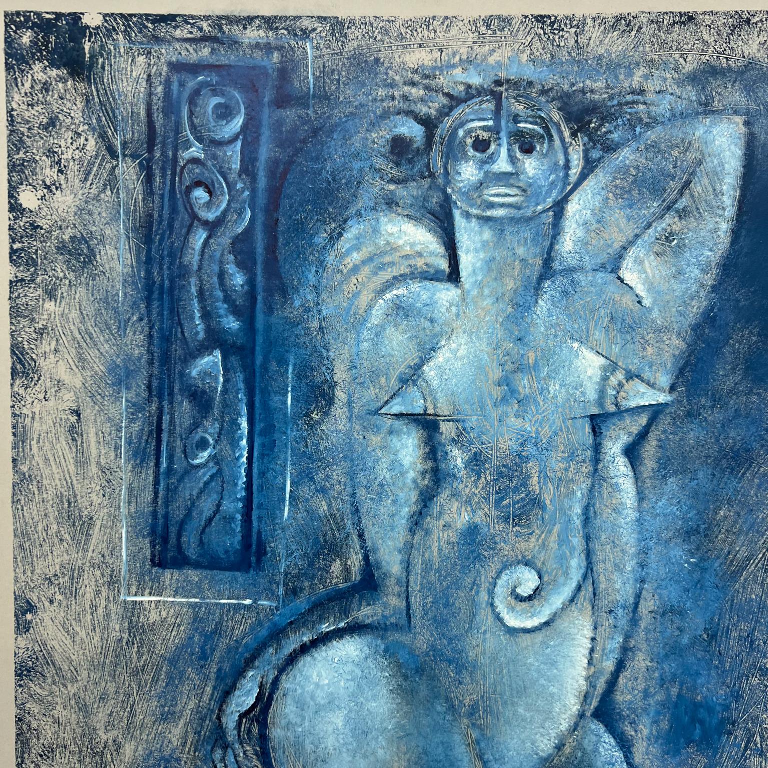 Byron Gálvez Mexican Modernism Artwork Blue Mixed Media on Paper In Good Condition In Chula Vista, CA
