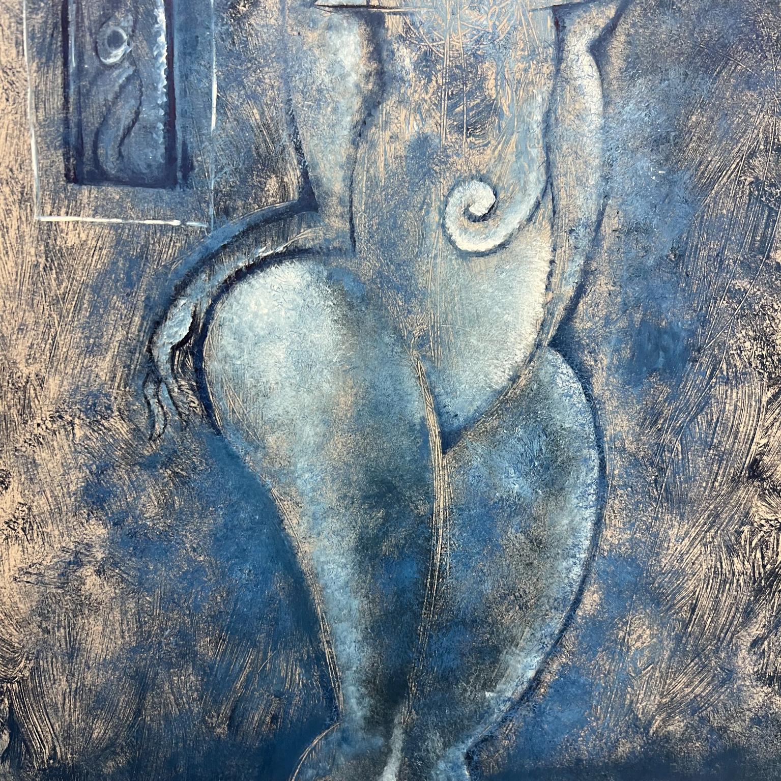 Late 20th Century Byron Gálvez Mexican Modernism Artwork Blue Mixed Media on Paper For Sale