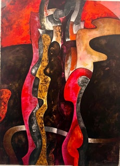 Abstrakte Lithographie „ Mujer En Rojo“ von Byron Galvez, Proof, signiert und gerahmt, Künstler