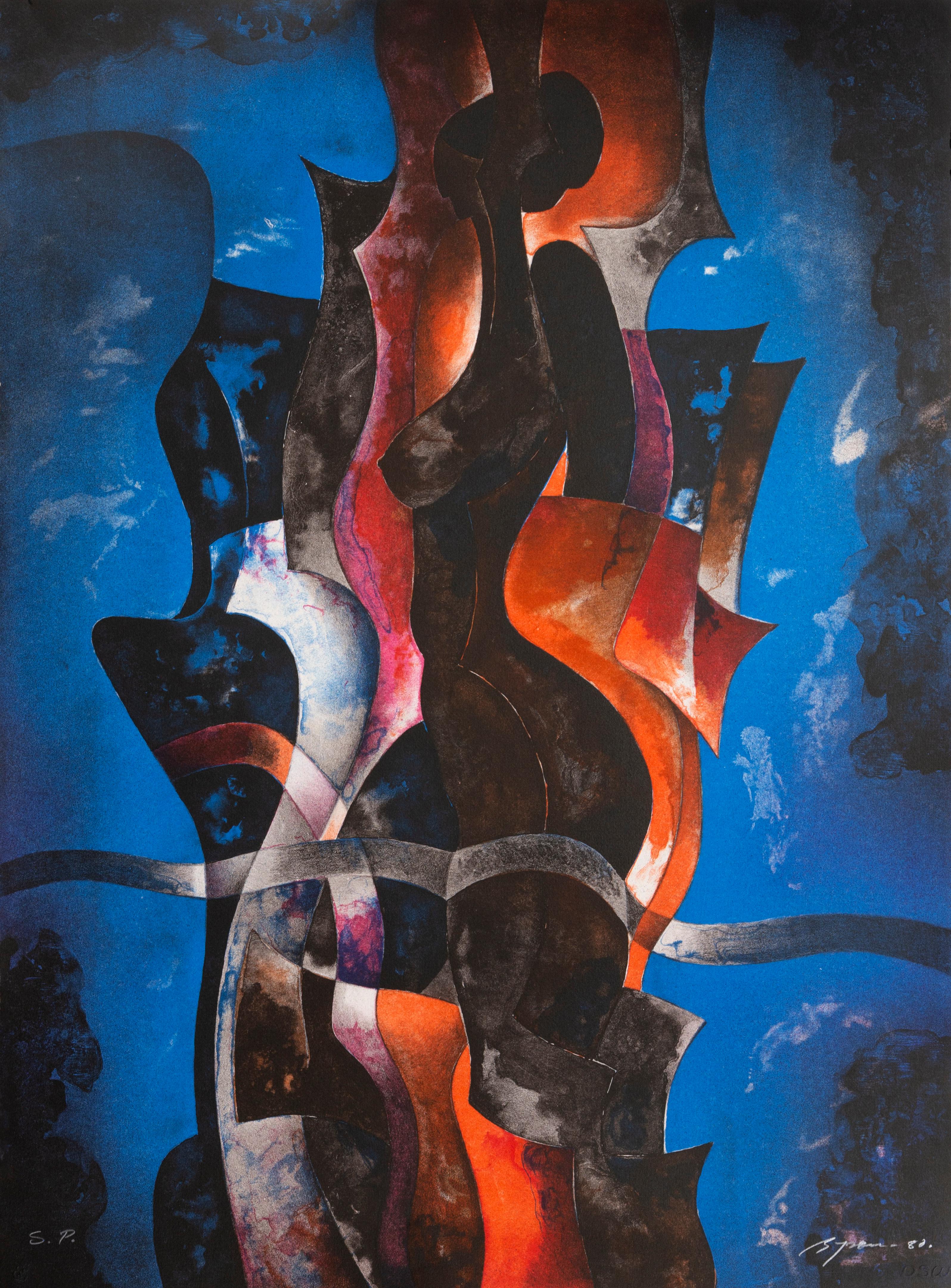 Mujer en Azul, Abstract Lithograph by Byron Galvez