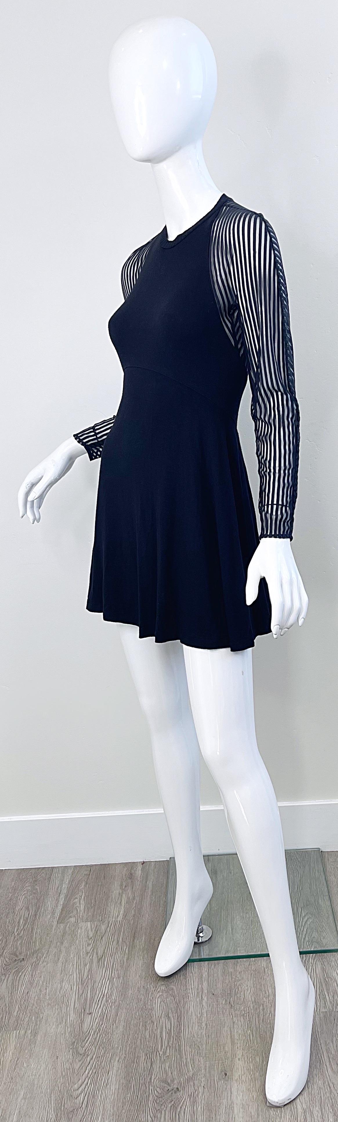 Byron Lars 1990s Size 2 Black Sheer Sleeves / Back Vintage 90s Mini Skater Dress For Sale 3
