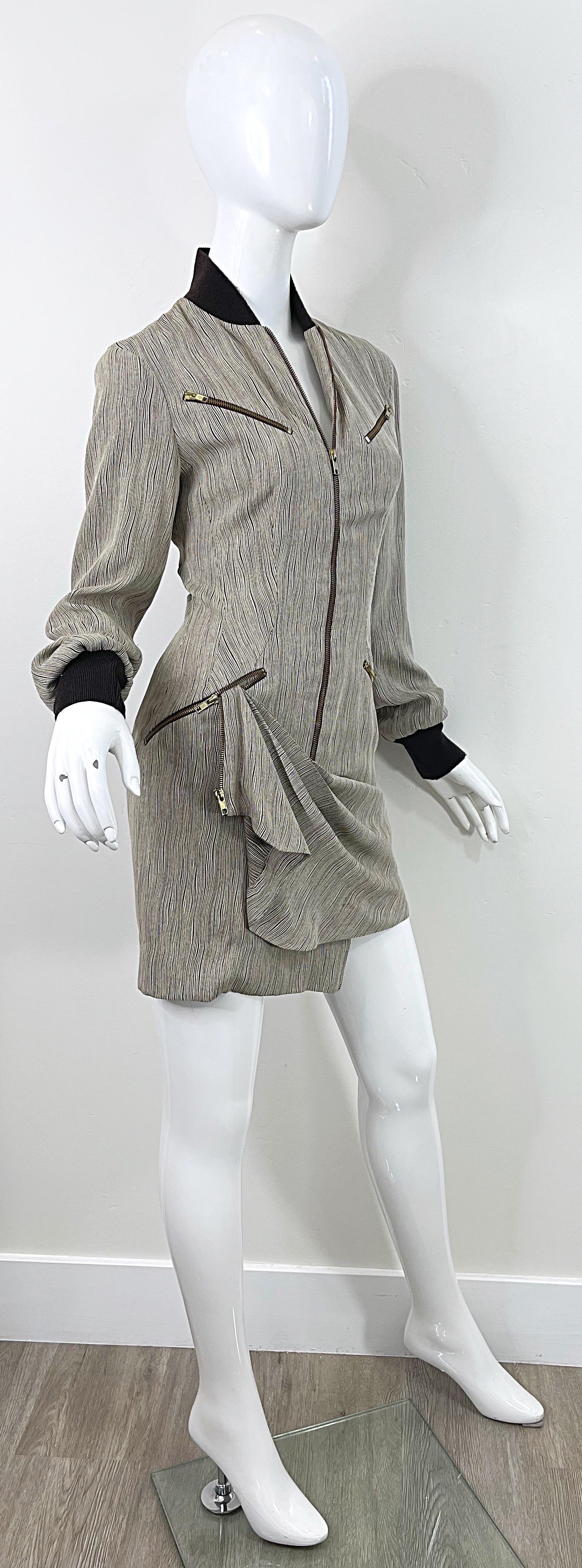 Byron Lars 1990s Tan Brown Avant Garde Zipper Rayon Vintage 90s Mini Dress 4 / 6 For Sale 11