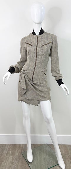 Byron Lars 1990s Tan Brown Avant Garde Zipper Rayon Vintage 90s Mini Dress 4 / 6