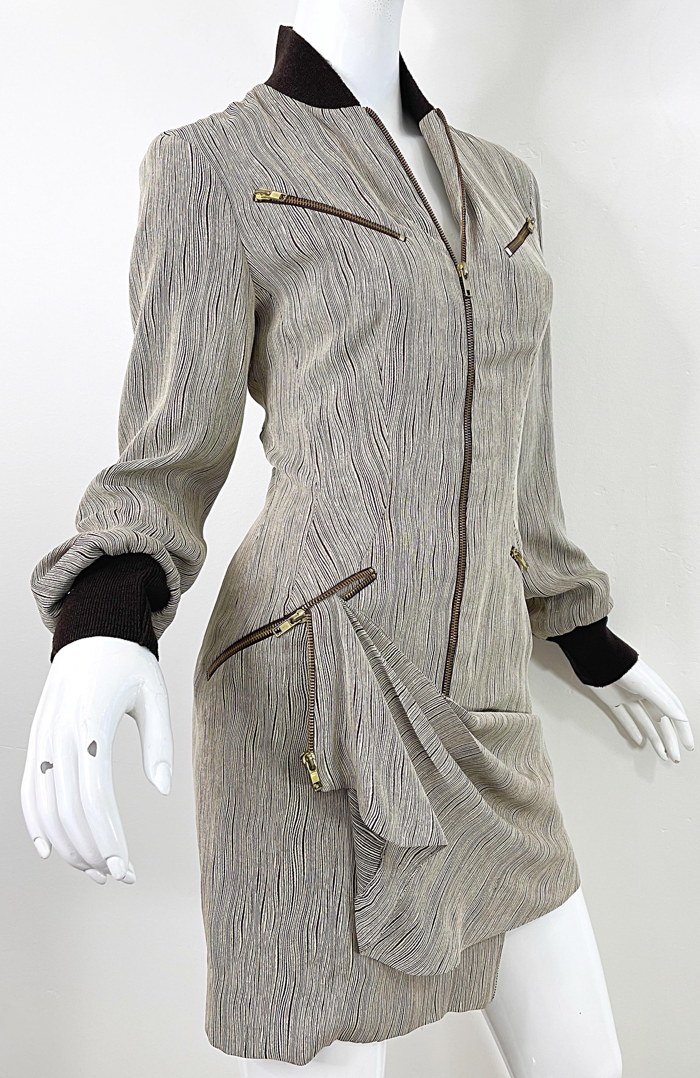 Byron Lars 1990s Tan Brown Avant Garde Cremallera Rayón Vintage 90s Mini Vestido 4 / 6 en venta 4