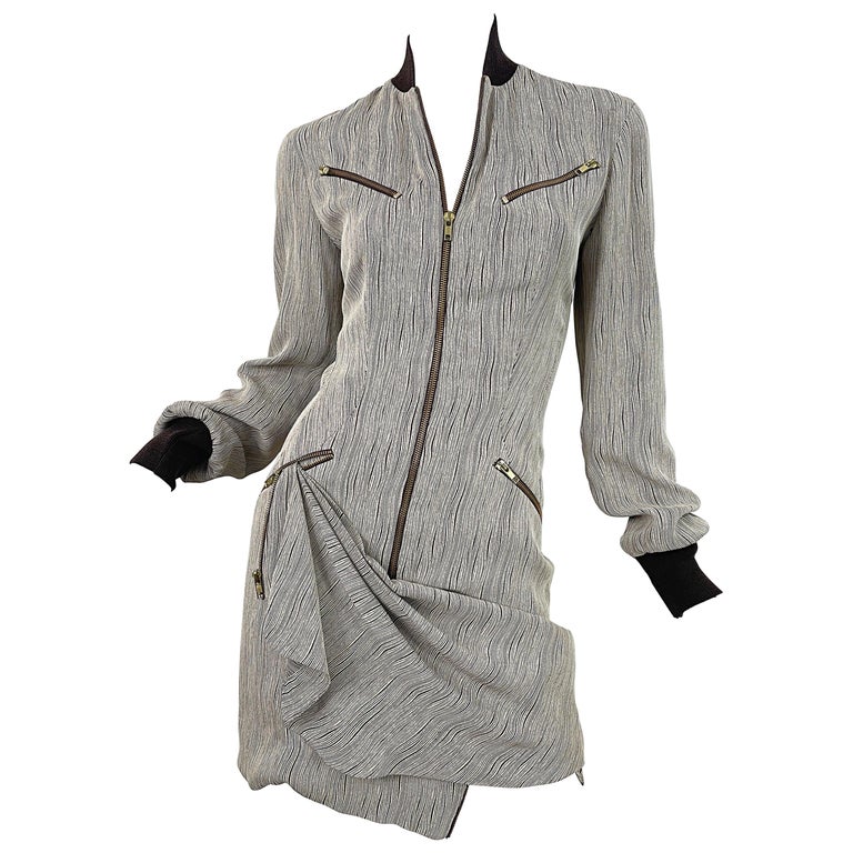Byron Lars 1990s Tan Brown Avant Garde Zipper Rayon Vintage 90s Mini Dress 4 / 6