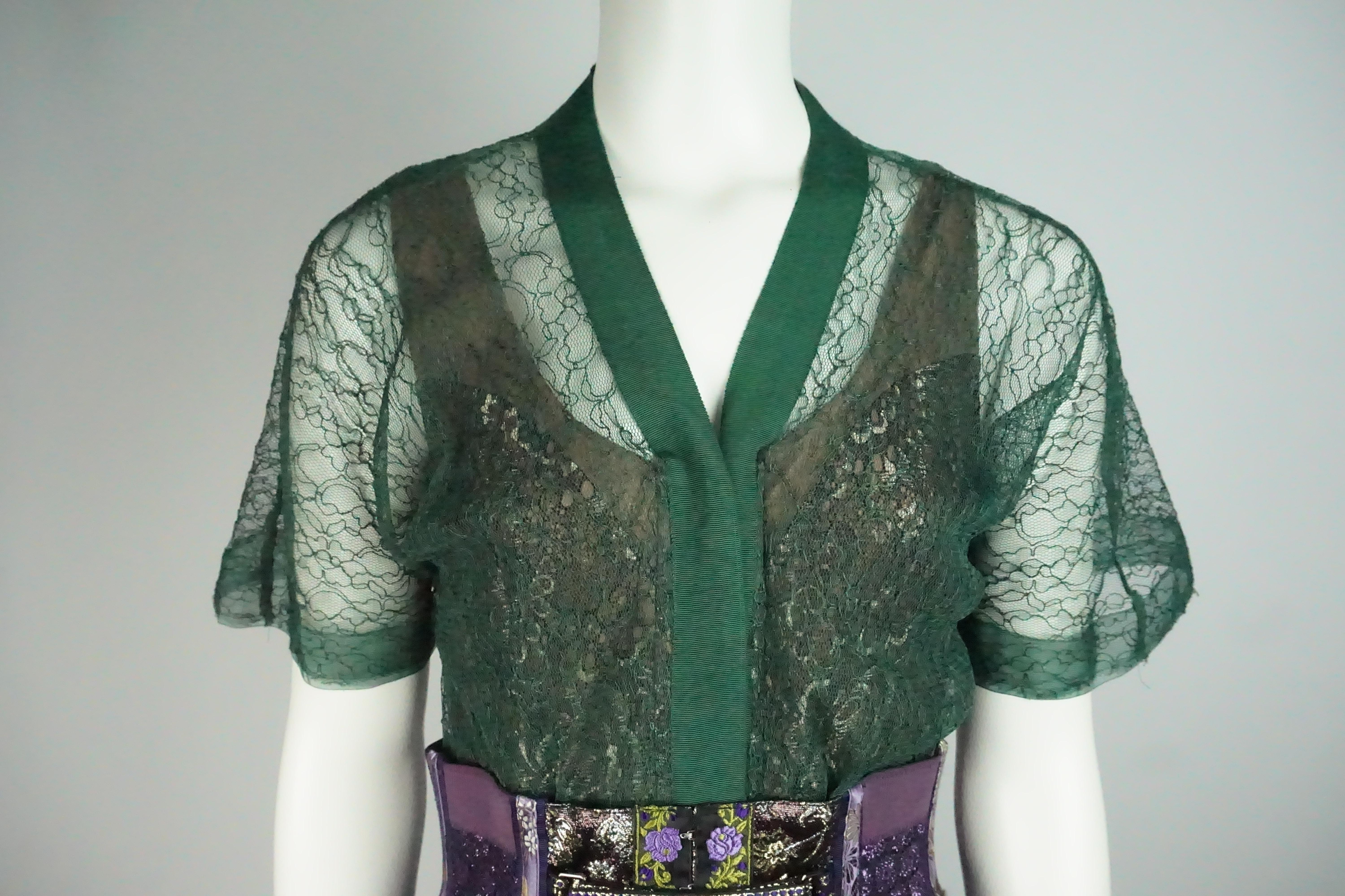 Byron Lars Green and Purple Lace w/ Wide Bustier Belt - 4 In Good Condition In West Palm Beach, FL