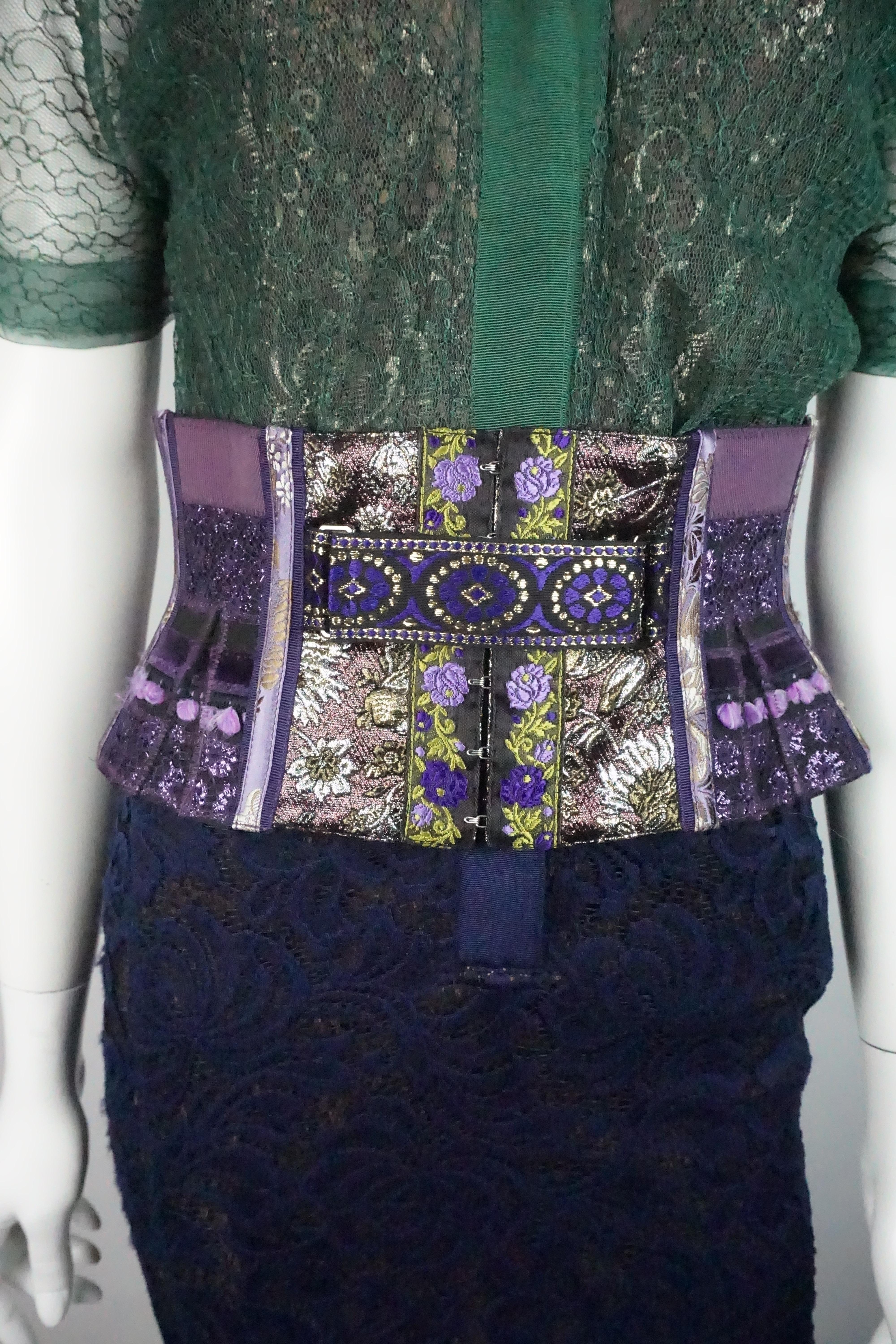 Women's Byron Lars Green and Purple Lace w/ Wide Bustier Belt - 4