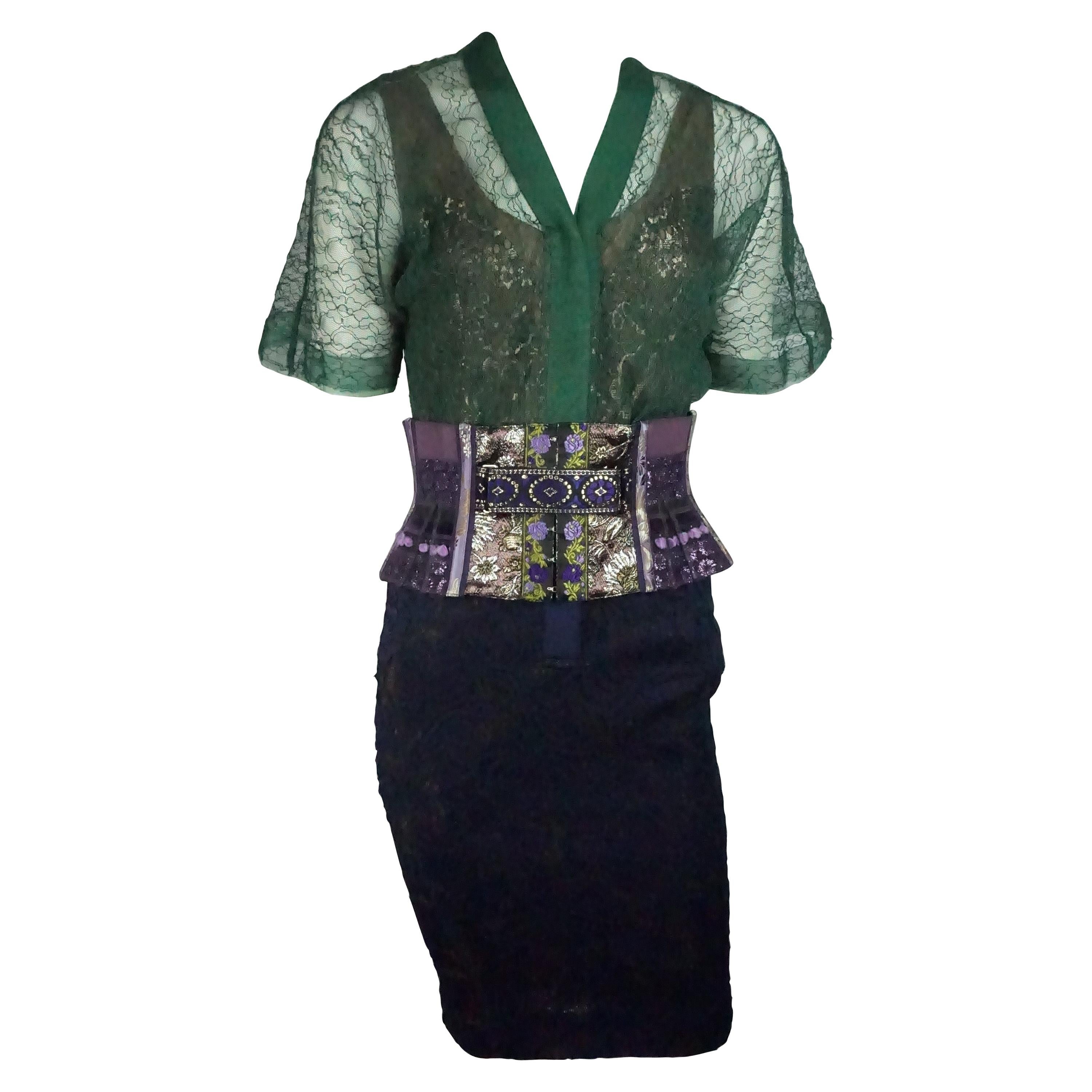 Byron Lars Green and Purple Lace w/ Wide Bustier Belt - 4