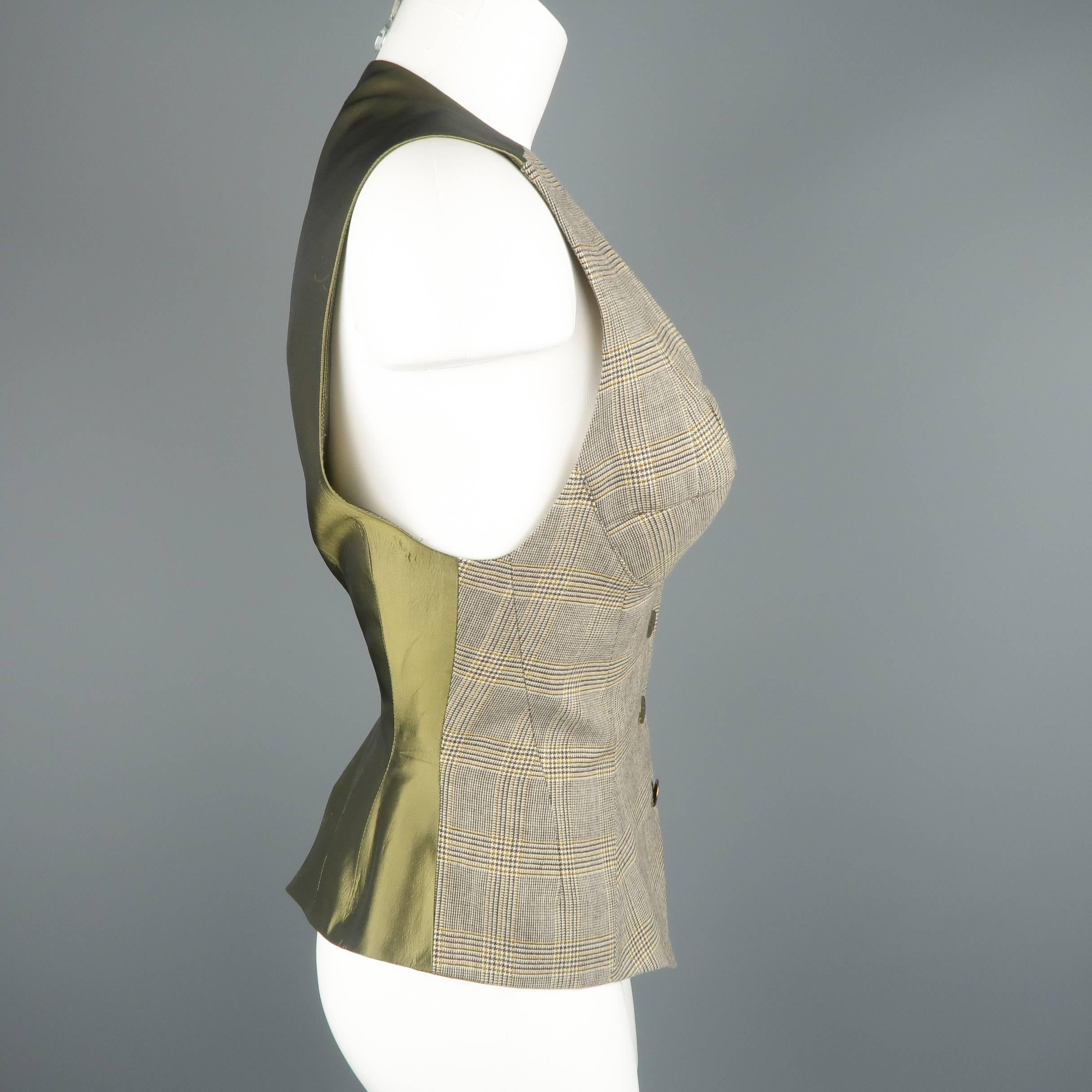 Brown BYRON LARS Size 8 Beige & Olive Green Glenplaid Wool Bustier Vest