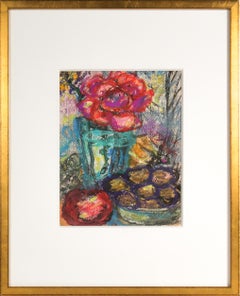 Antique Vivid Floral Still Life 1950s Gouache & Pastel Drawing