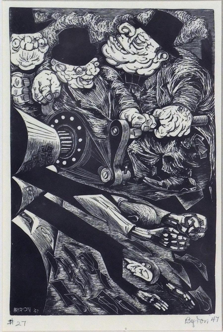 Byron Randall Original Linocut, 1947, “Diabolical Machine” For Sale 1