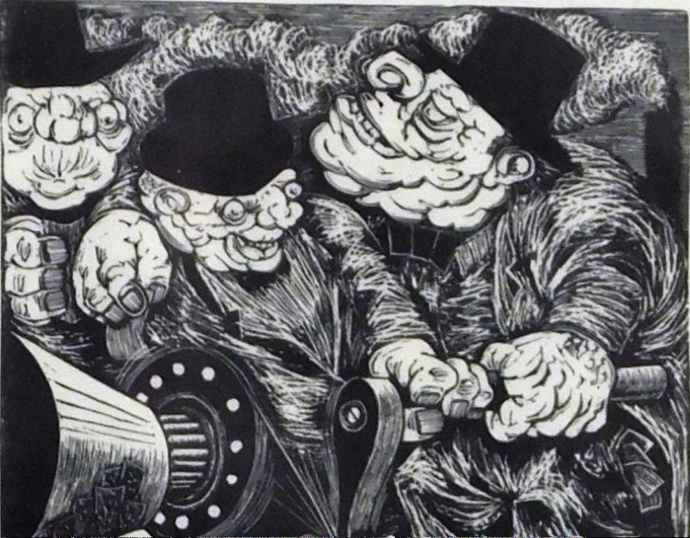 Byron Randall Original Linocut, 1947, “Diabolical Machine” For Sale 3