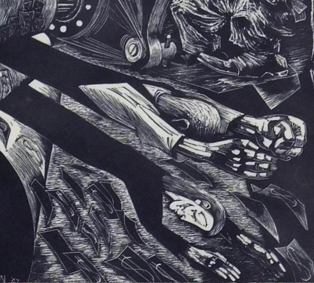 Byron Randall Original Linocut, 1947, “Diabolical Machine” For Sale 4