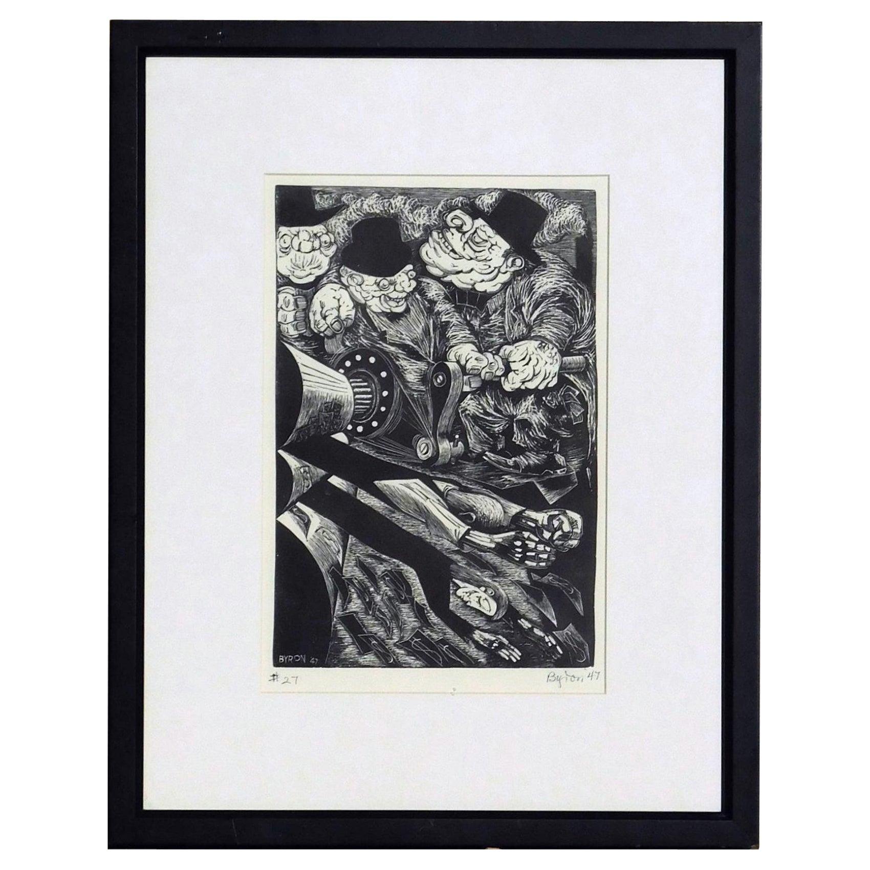 Original Linocut by San Francisco artist Byron Randall (1918-1999) titled "Diabolical Machine."
Image measures: 12 1/2"H x 8 1/4"W. Frame measures: 21 1/2"H x 17"W. 
This print was created in 1947. It is signed in pencil and dated lower right. 
It