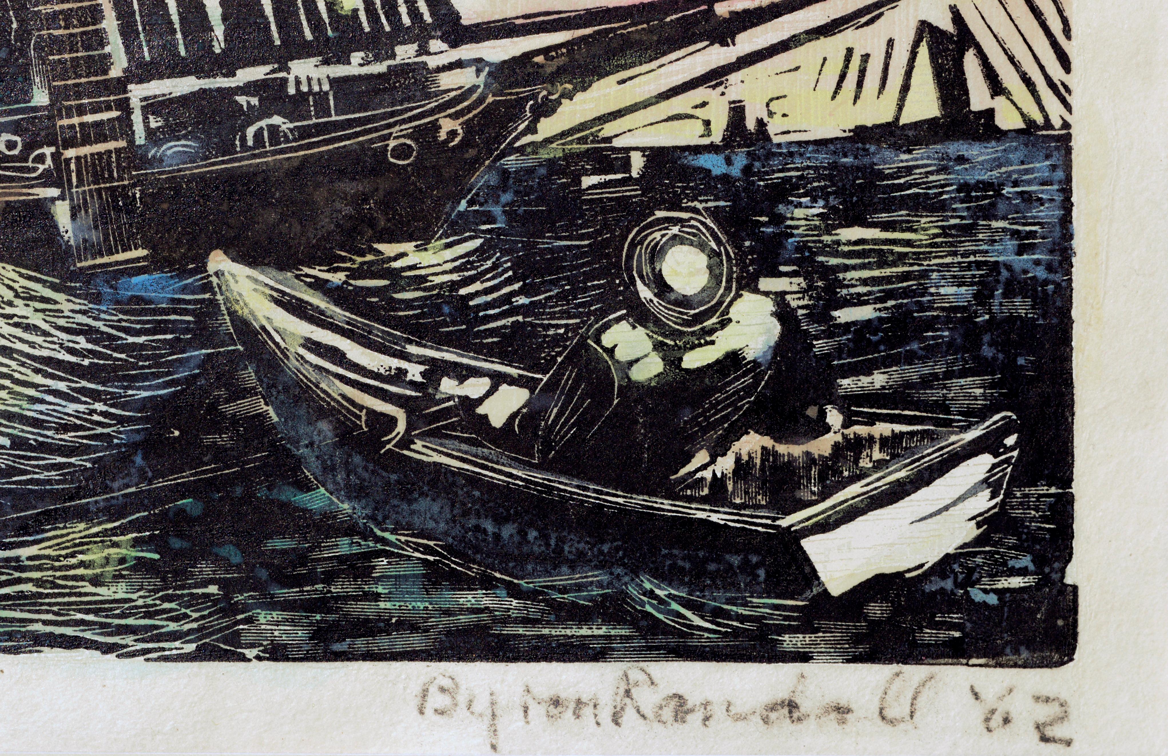 Bold woodblock print by Byron Randall (American, 1918-1999). Titled 