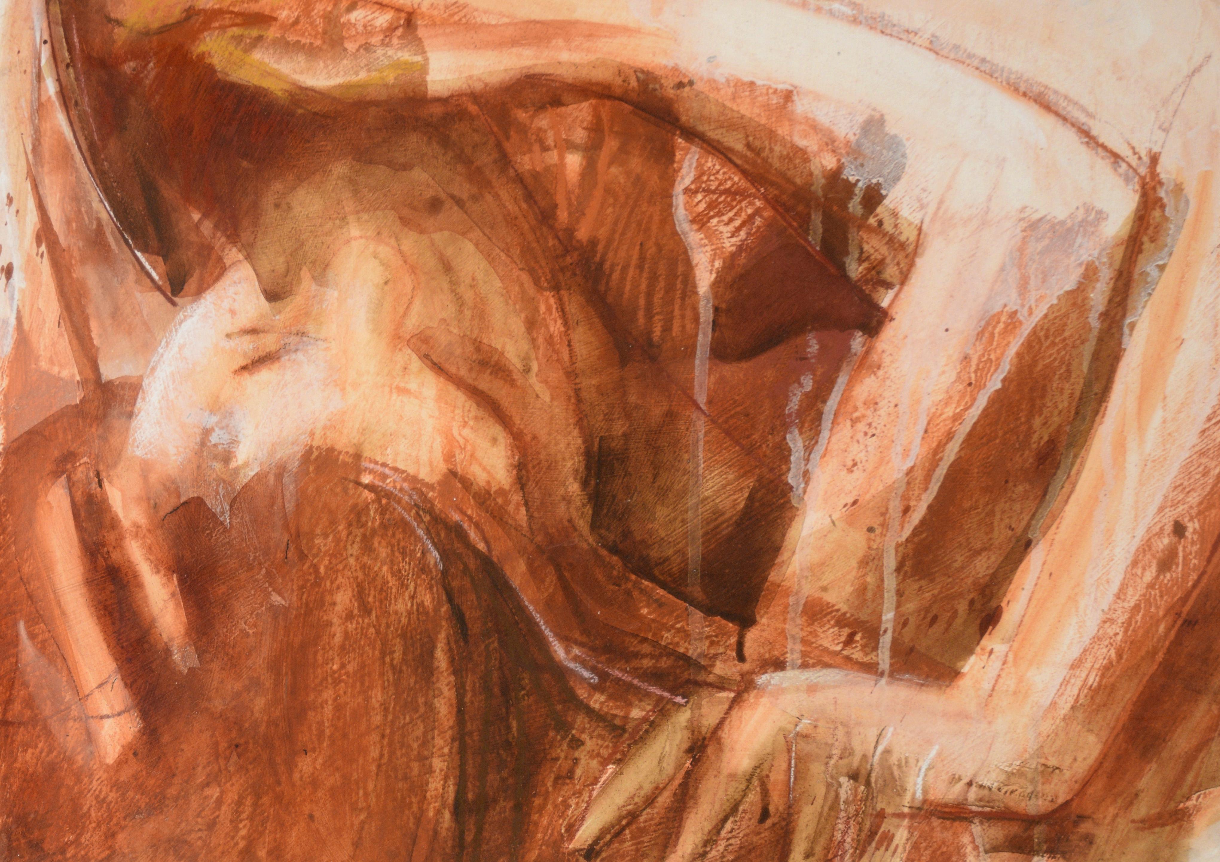 Lovers - Nude Couple in Bed - Figurative Composition in Acrylic on Paper For Sale 1