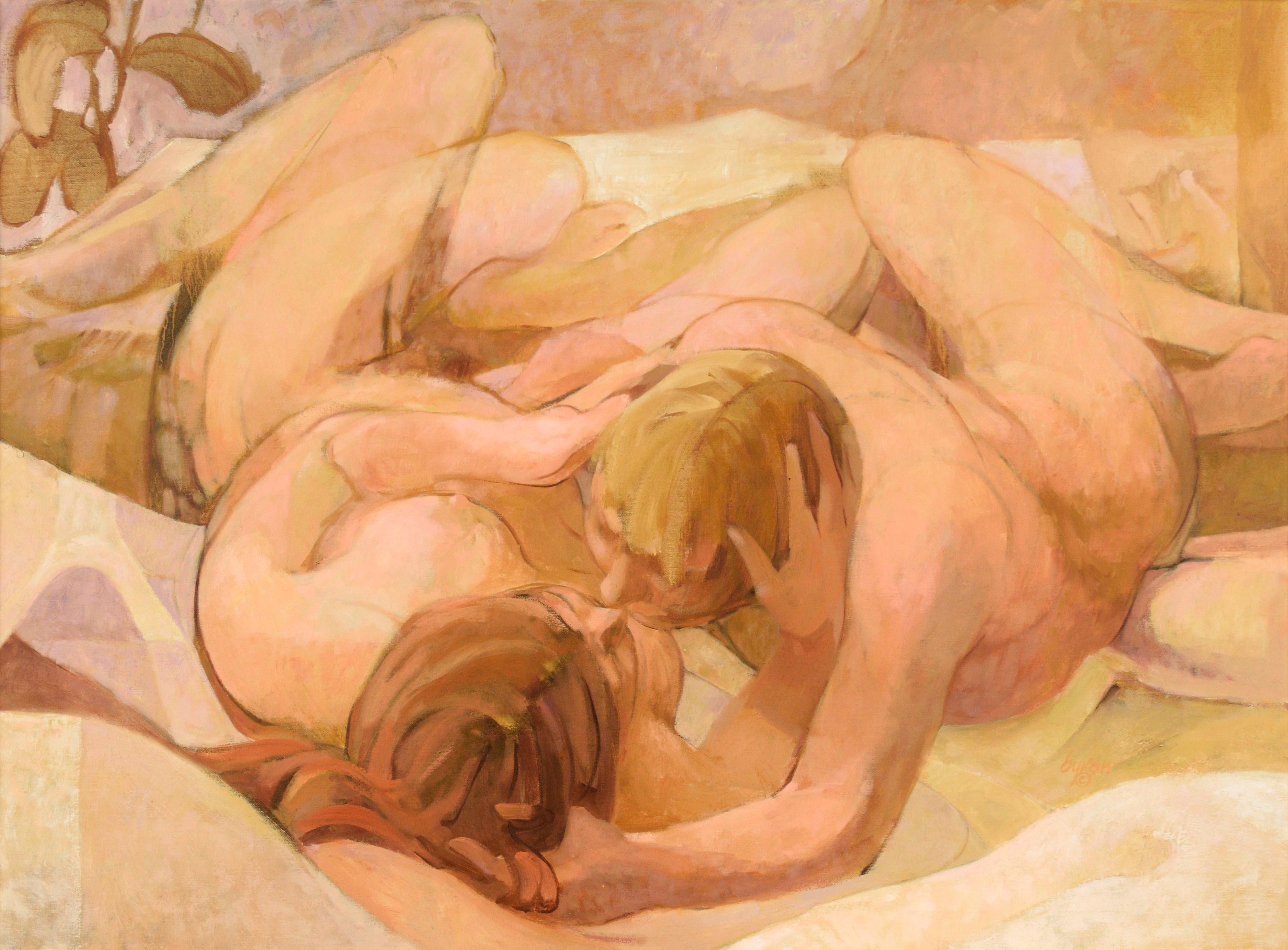 Deux nus dans un lit - Composition figurative à l'huile sur toile « Morning » - Painting de Byron Richard Rodarmel