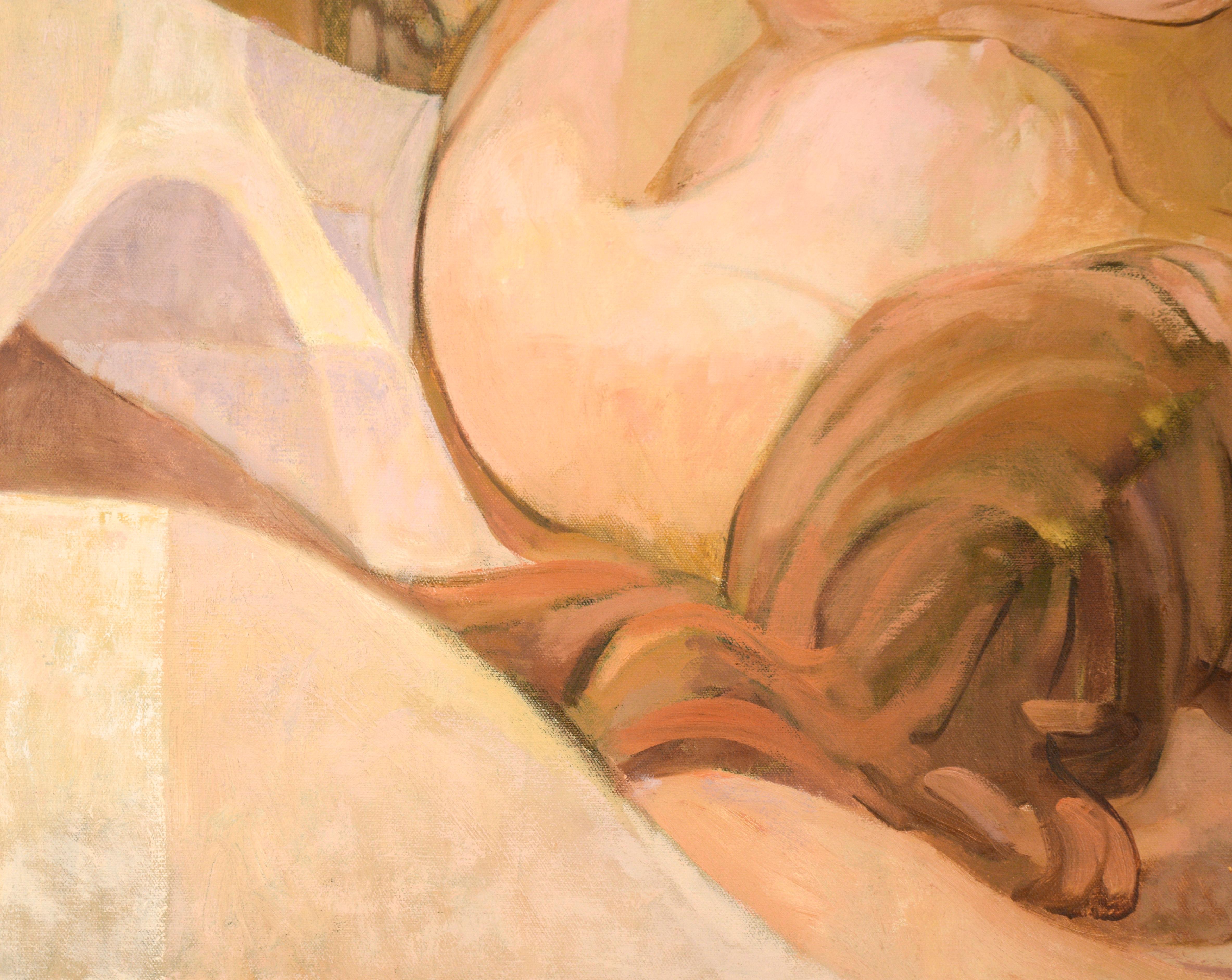 Delicate and expressive depiction of a nude couple by Byron Richard Rodarmel (American, 1932-2007). A couple is intertwined on a bed, rendered in a soft palette of peach, yellow, pink, and tan. Notably, their legs are shown in various positions,