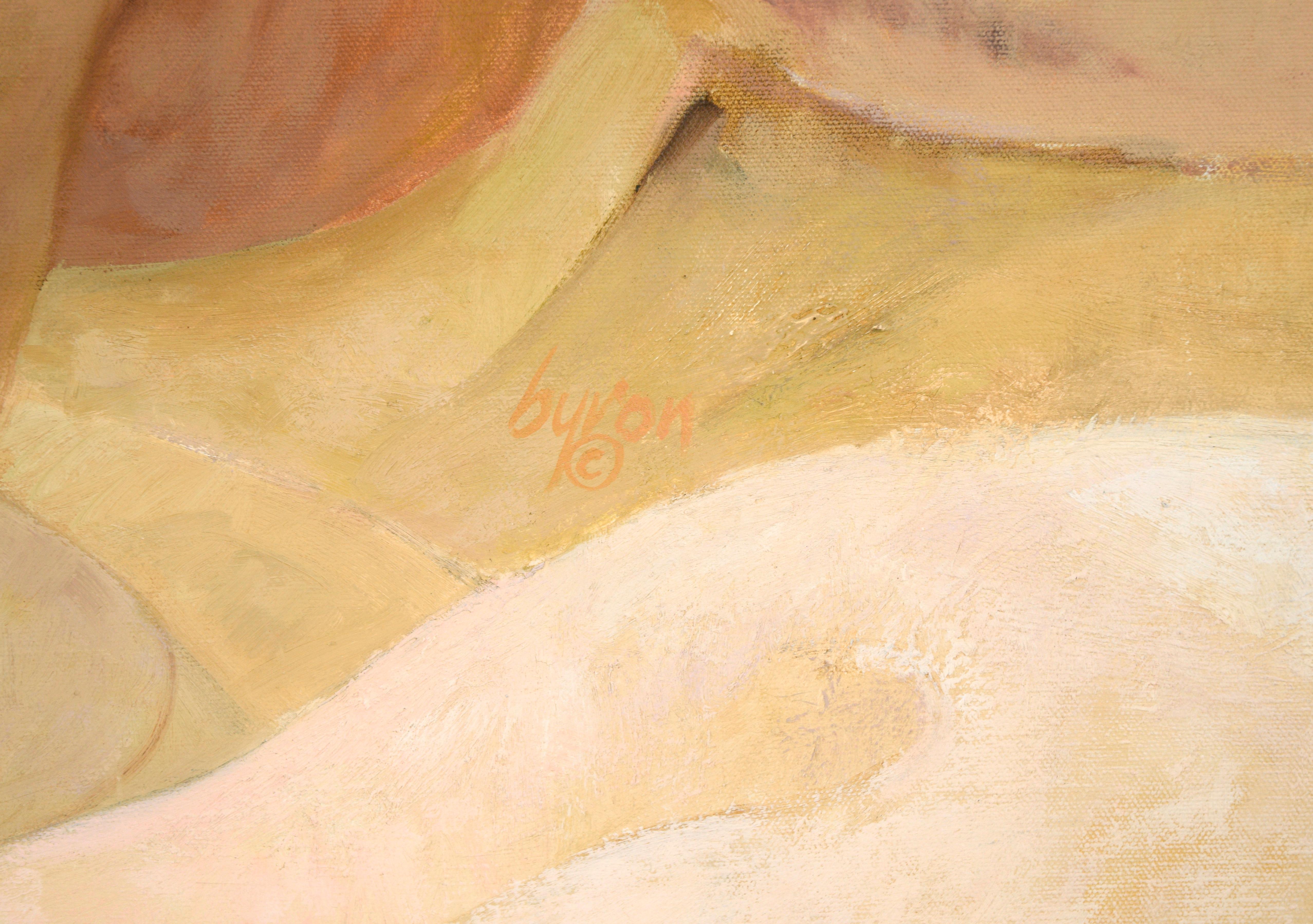 Delicate and expressive depiction of a nude couple by Byron Richard Rodarmel (American, 1932-2007). A couple is intertwined on a bed, rendered in a soft palette of peach, yellow, pink, and tan. Notably, their legs are shown in various positions,
