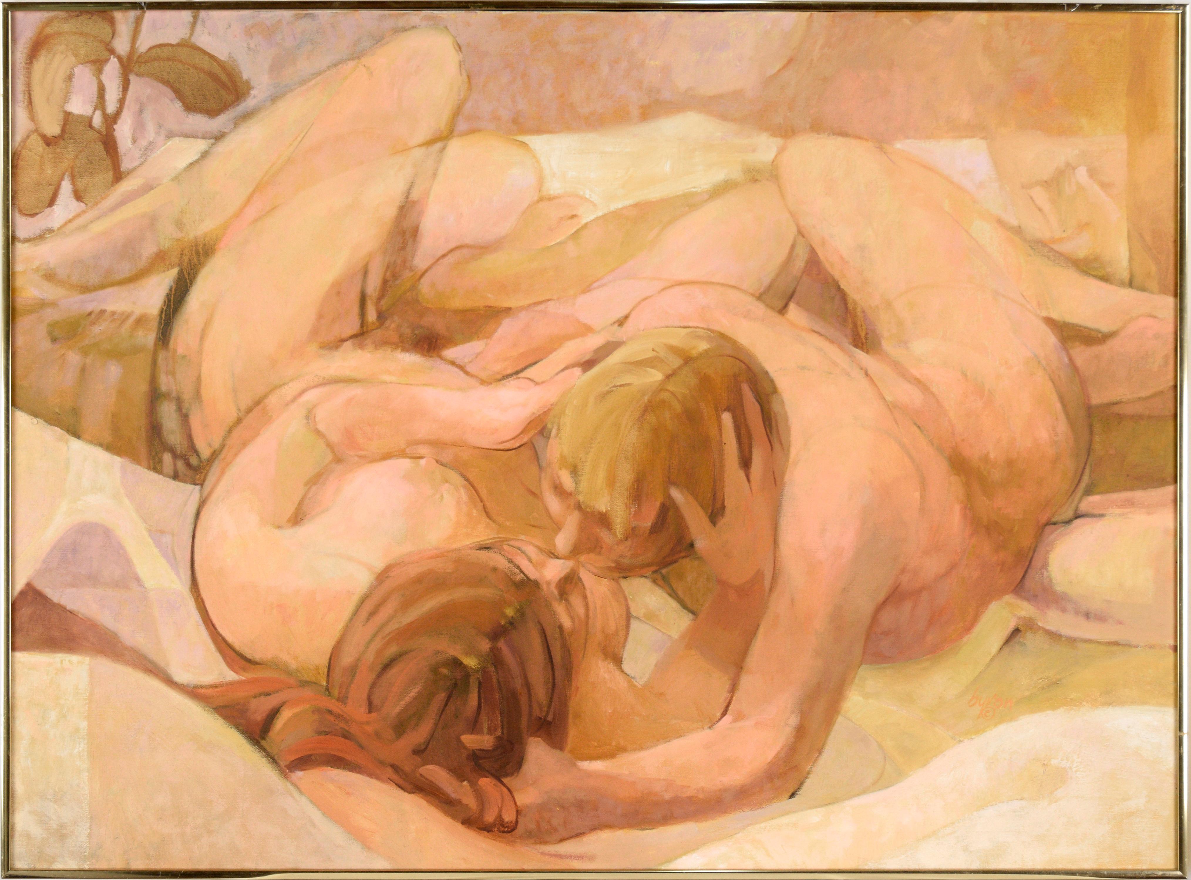 Byron Richard Rodarmel Figurative Painting - "Morning" Nude Couple in Bed - Figurative Composition in Oil on Canvas