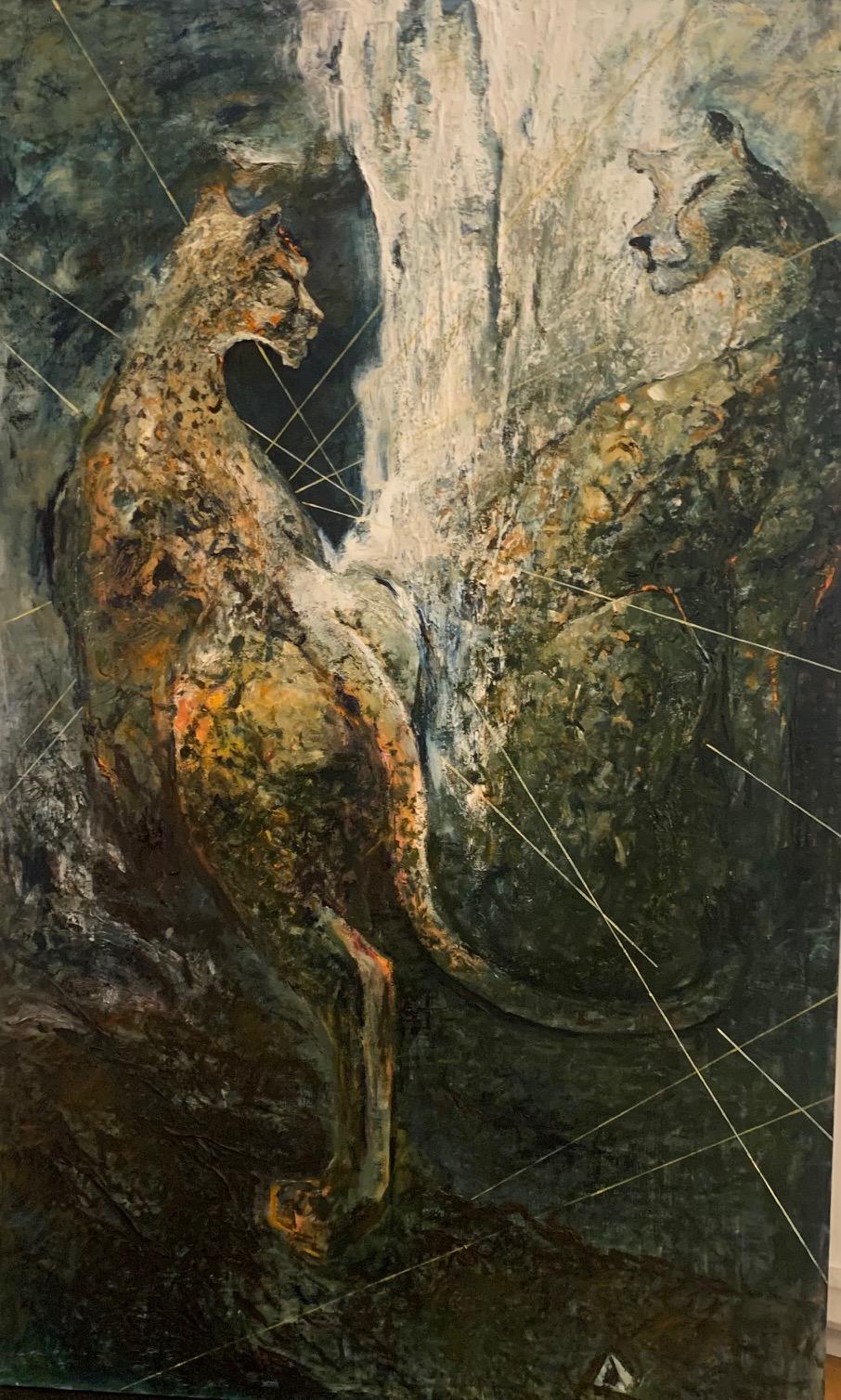 Los leopardos", de Byron Z. Tripp - Pintura de leopardo salvaje de grandes dimensiones
