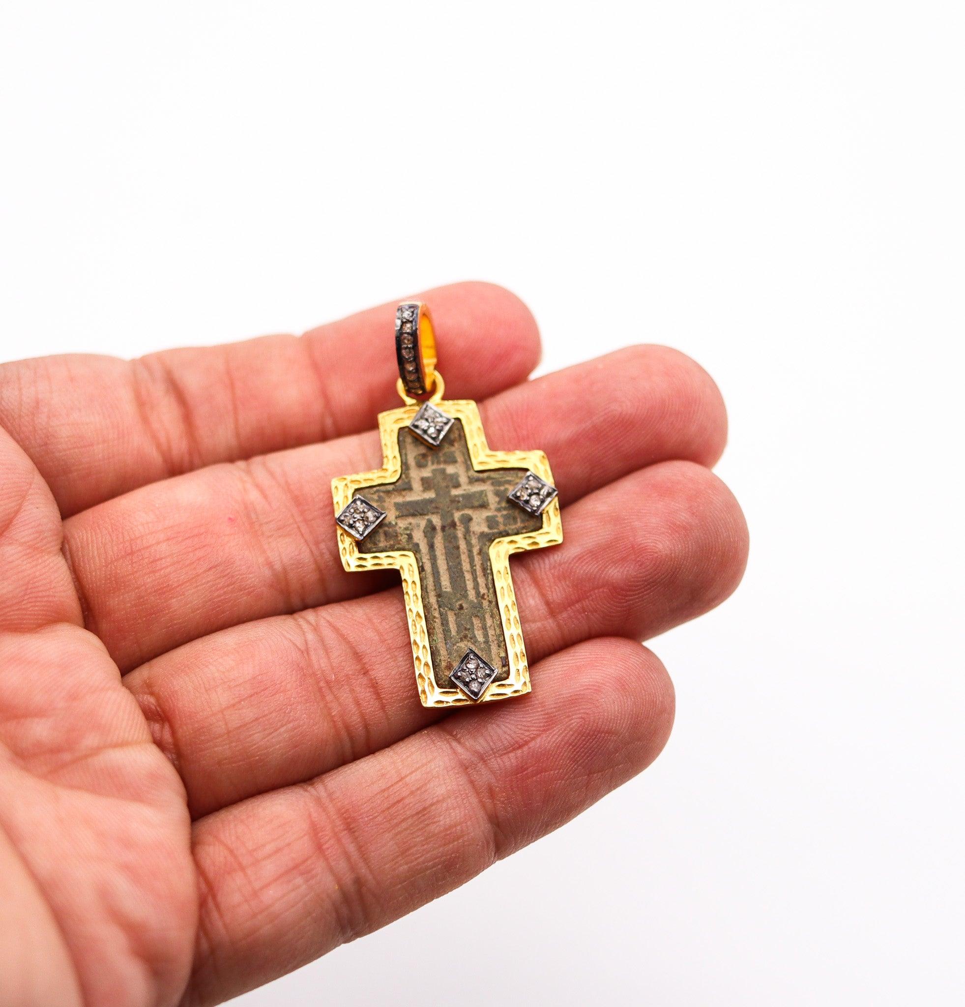 Women's or Men's BYZANTINE 1780 Orthodox Cross In Copper 18Kt Vermeil Sterling With Diamonds
