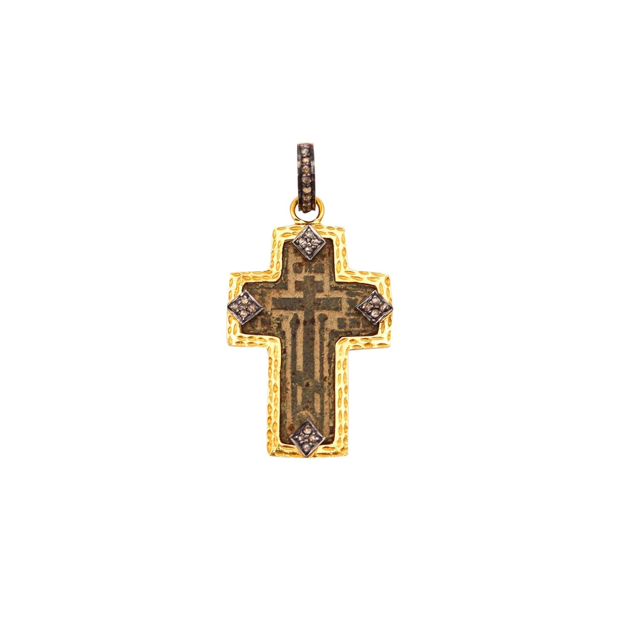 BYZANTINE 1780 Orthodox Cross In Copper 18Kt Vermeil Sterling With Diamonds 1
