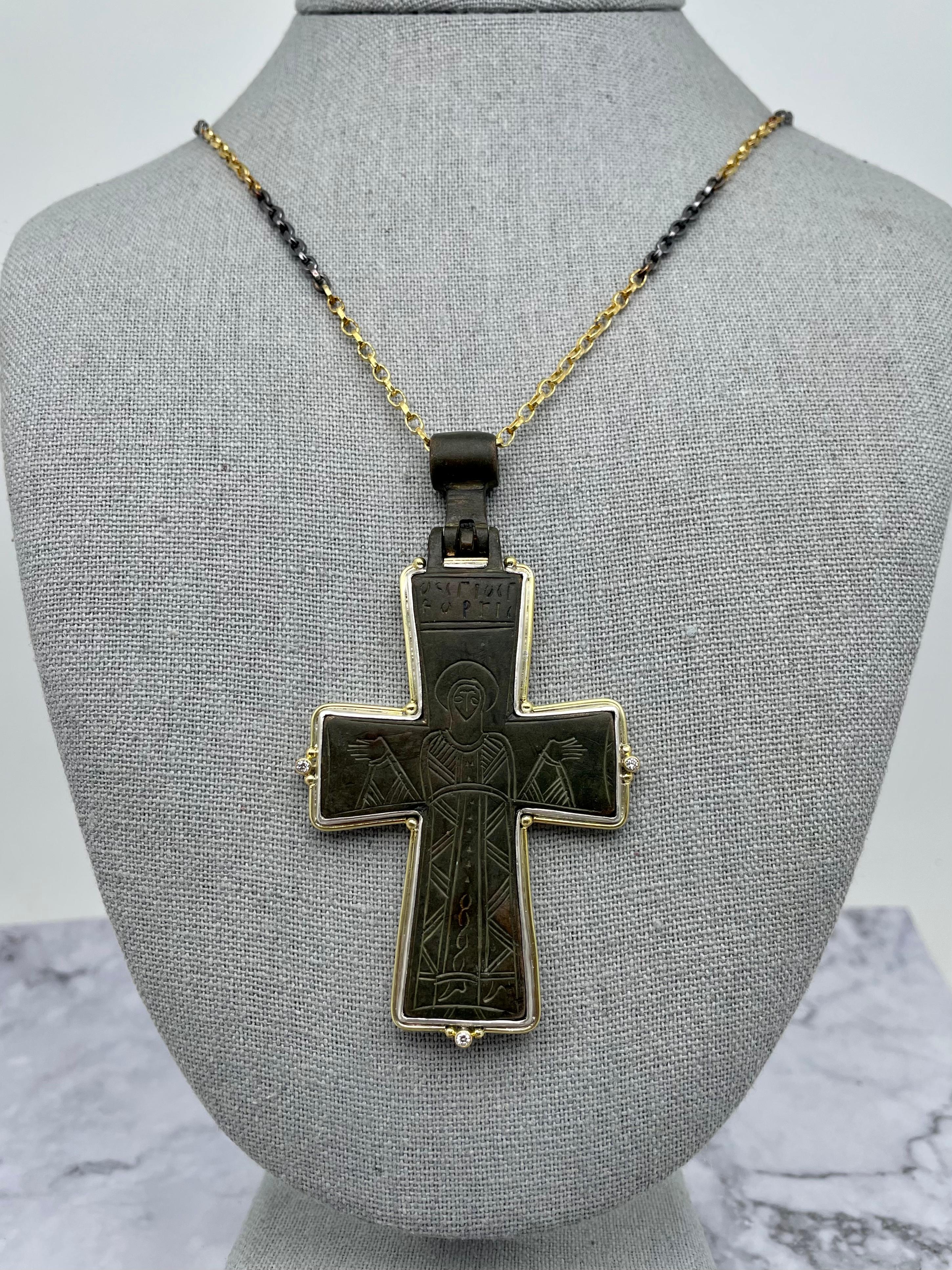 Taille rose Grande croix de reliquerie byzantine du 8-11e siècle en bronze diamants argent or 18 carats  en vente