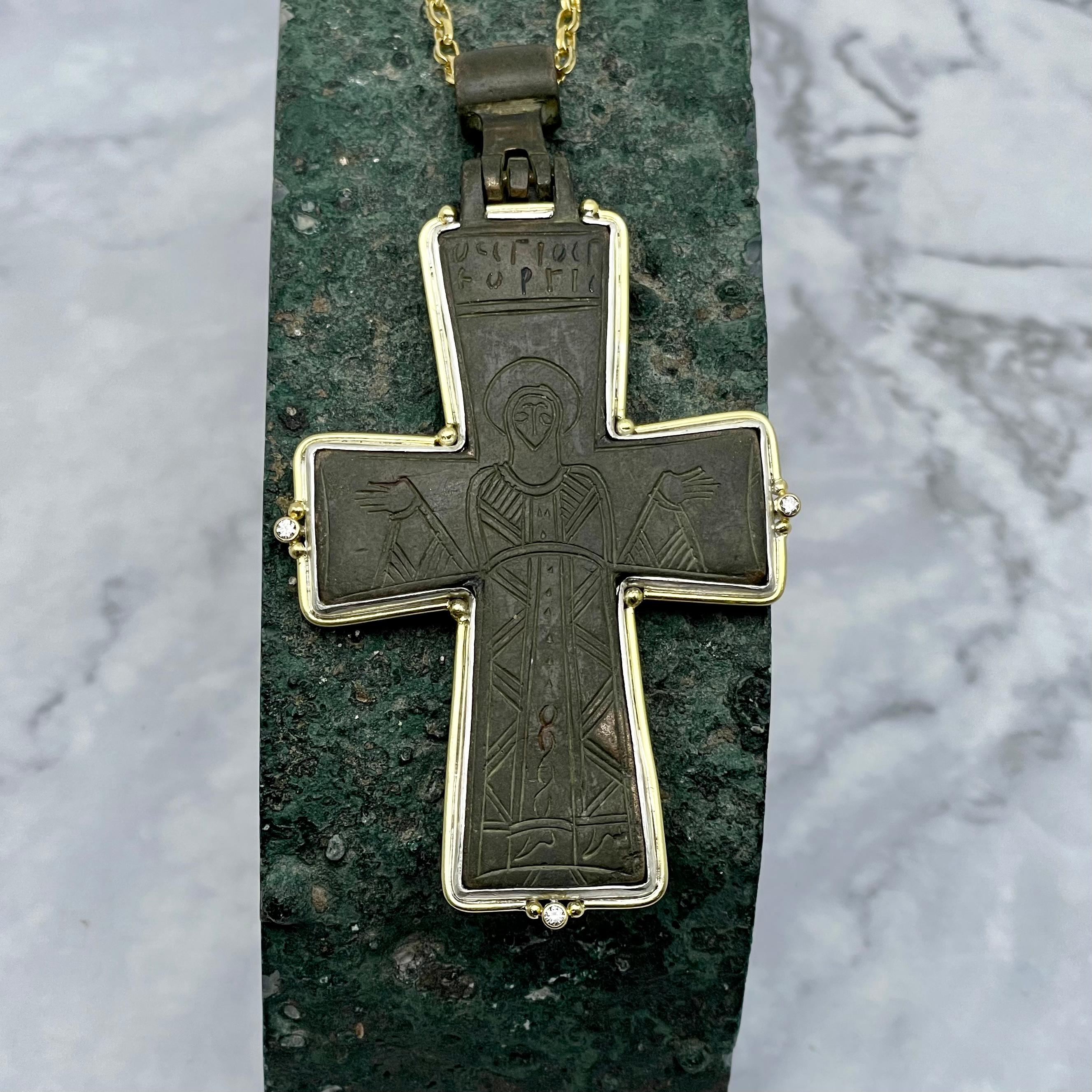 Byzantine 8-11th Century Large Bronze Reliquery Cross Diamonds Silver 18K Gold  In New Condition For Sale In Soquel, CA