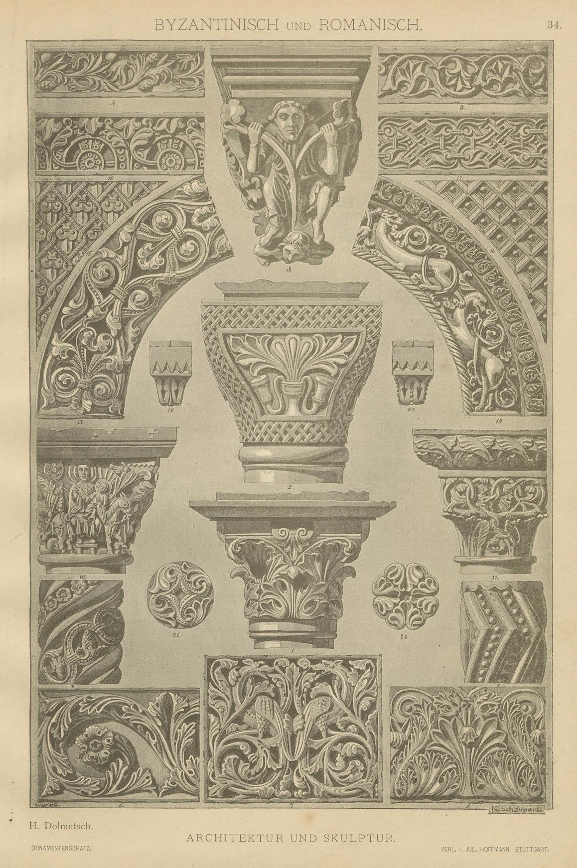 Byzantinische und romanische architektonische Ornamente Druck von H. Dolmetsch, 1880er Jahre

Diese detailreiche antike Lithografie ist ein hervorragendes Beispiel aus dem berühmten 