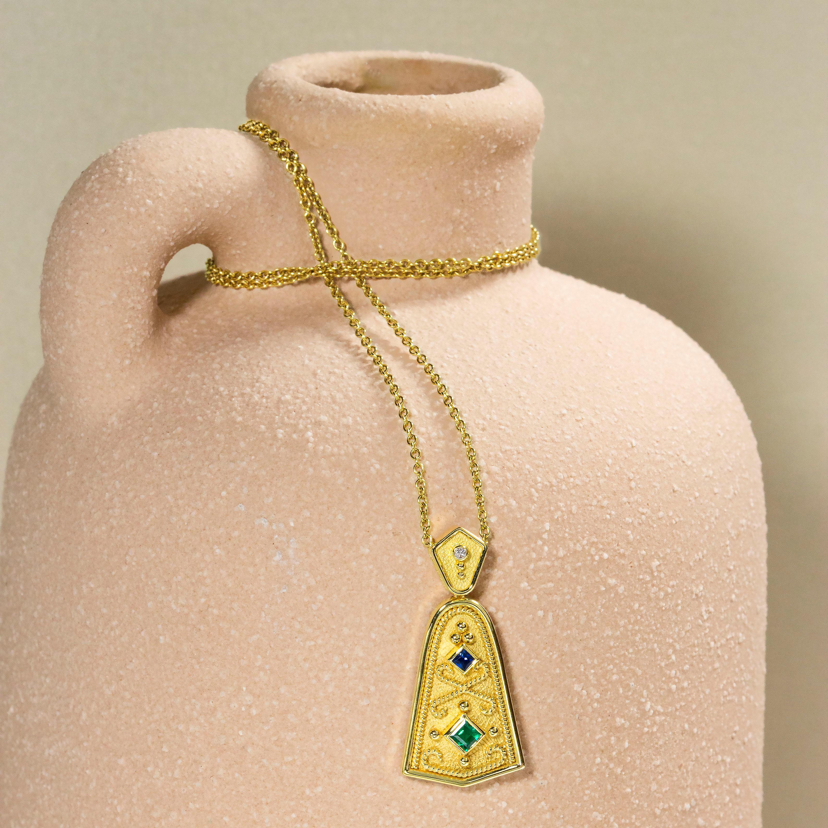 Square Cut Byzantine Bell Pendant with Sapphire Emerald and Diamond For Sale