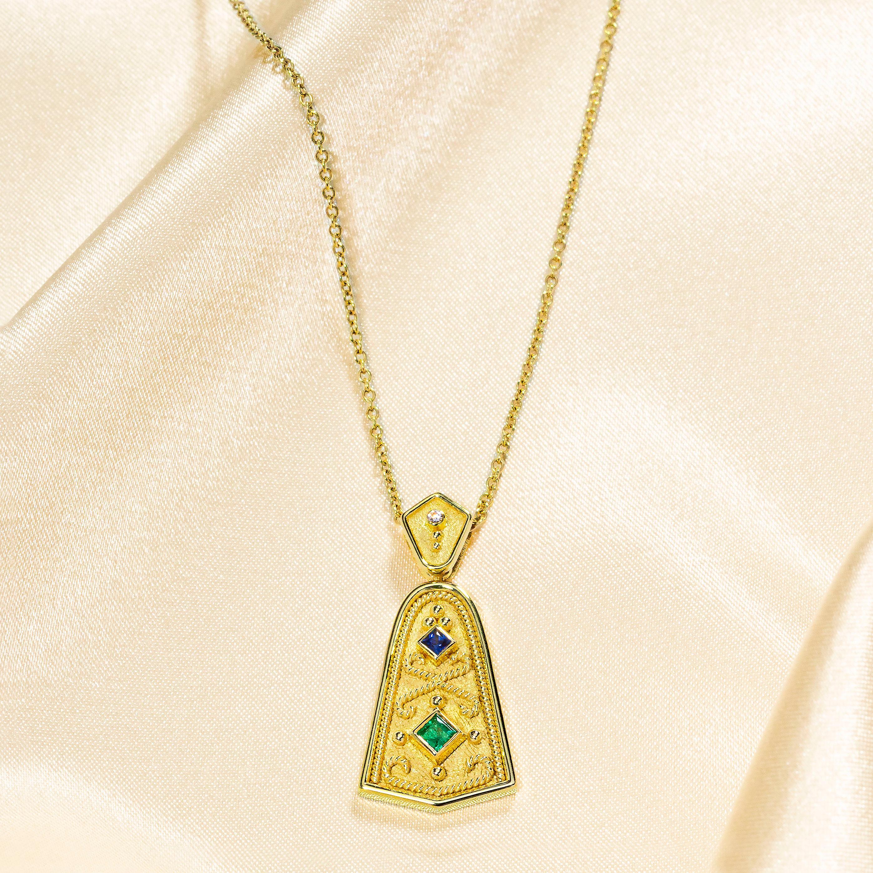 Byzantine Bell Pendant with Sapphire Emerald and Diamond For Sale 1