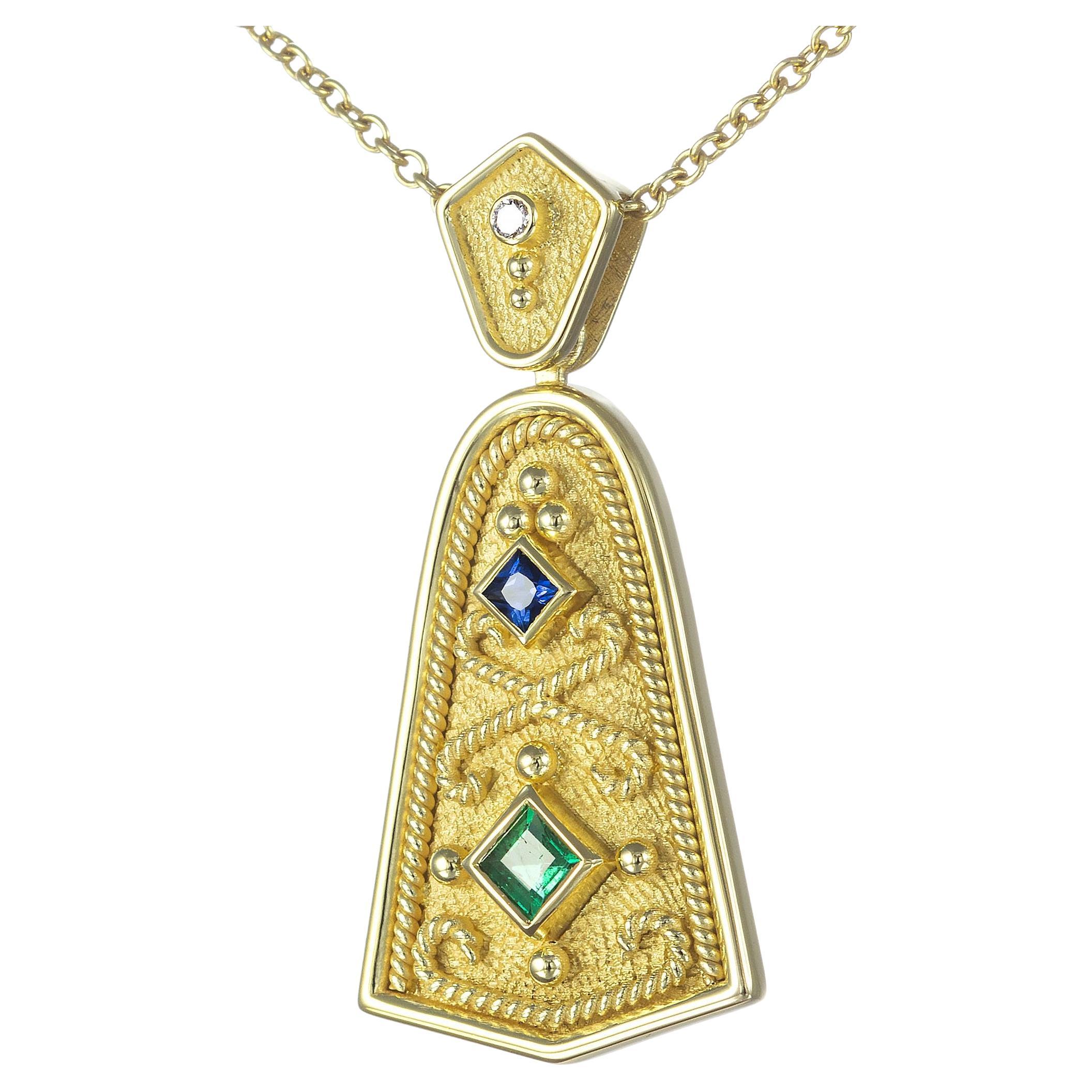 Byzantine Bell Pendant with Sapphire Emerald and Diamond For Sale