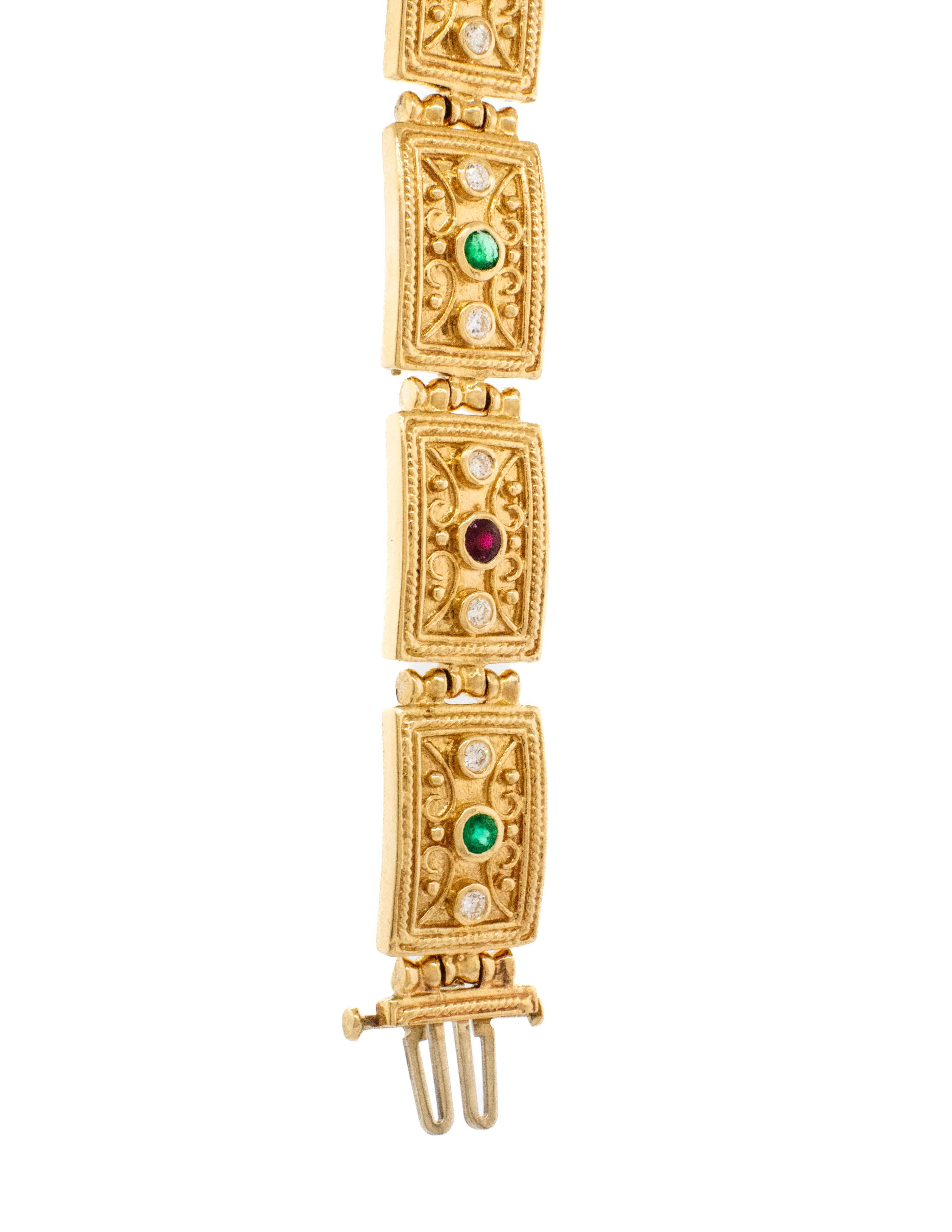 A fabulous Byzantine Bracelet made of 14k Yellow Gold. Each link is elaborately decorated with ancient motifs dating back thousands of years. In the Byzantine Empire jewelry played an important role. It acted as a way to express one’s status and as