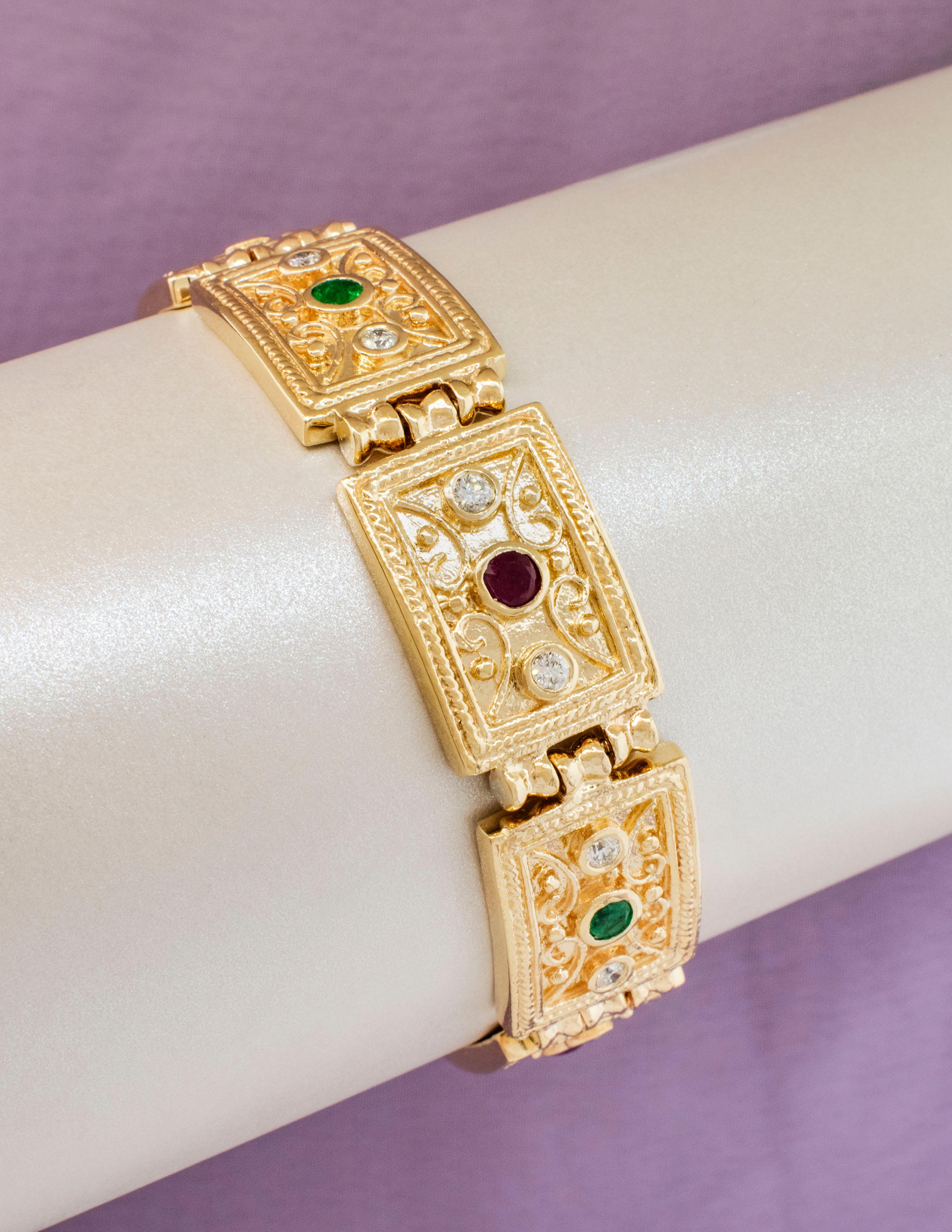 Round Cut Byzantine Bracelet in 14k Yellow Gold with Rubies, Emeralds, and Diamonds