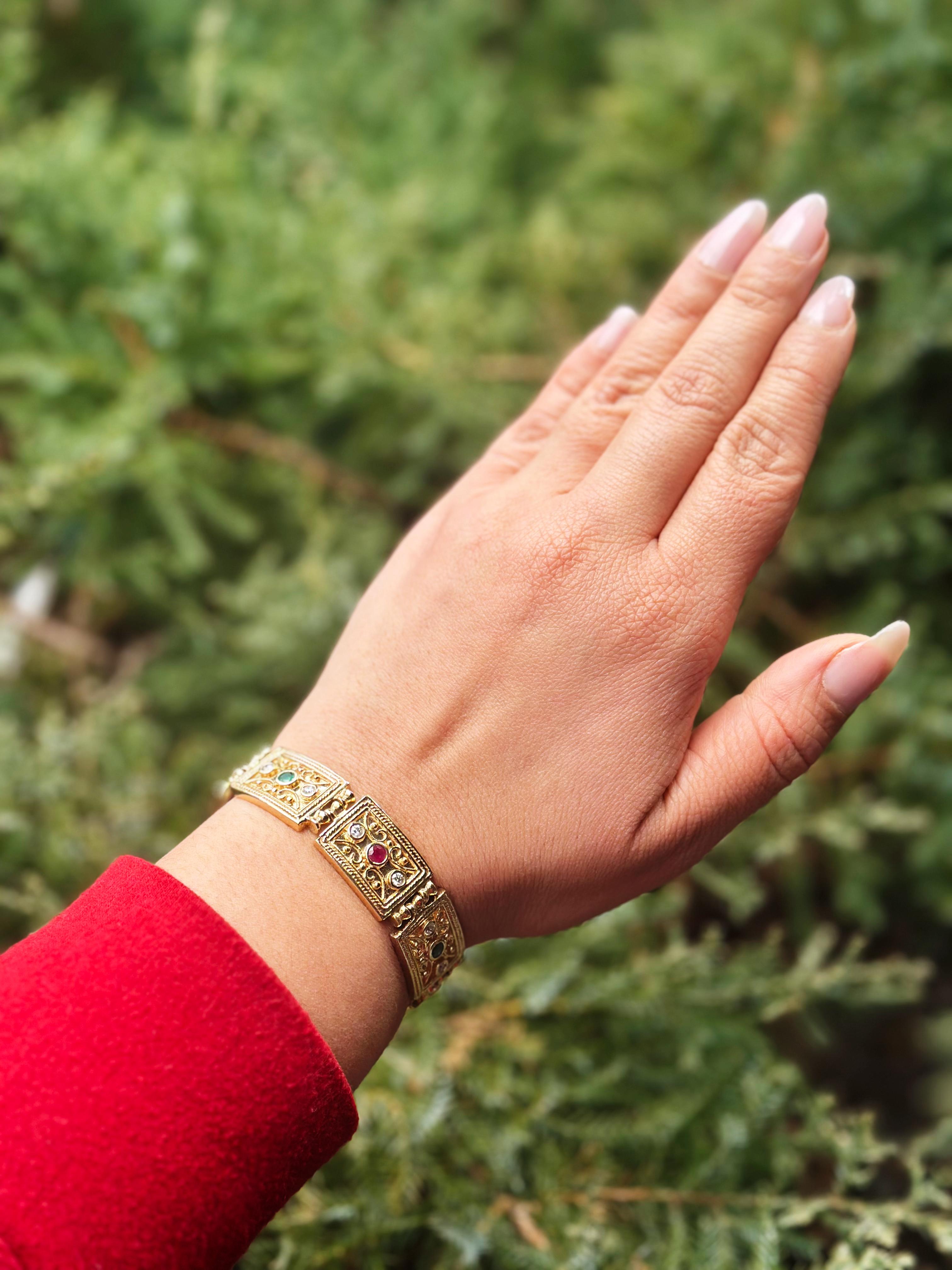 Byzantine Bracelet in 14k Yellow Gold with Rubies, Emeralds, and Diamonds In New Condition In Boone, NC