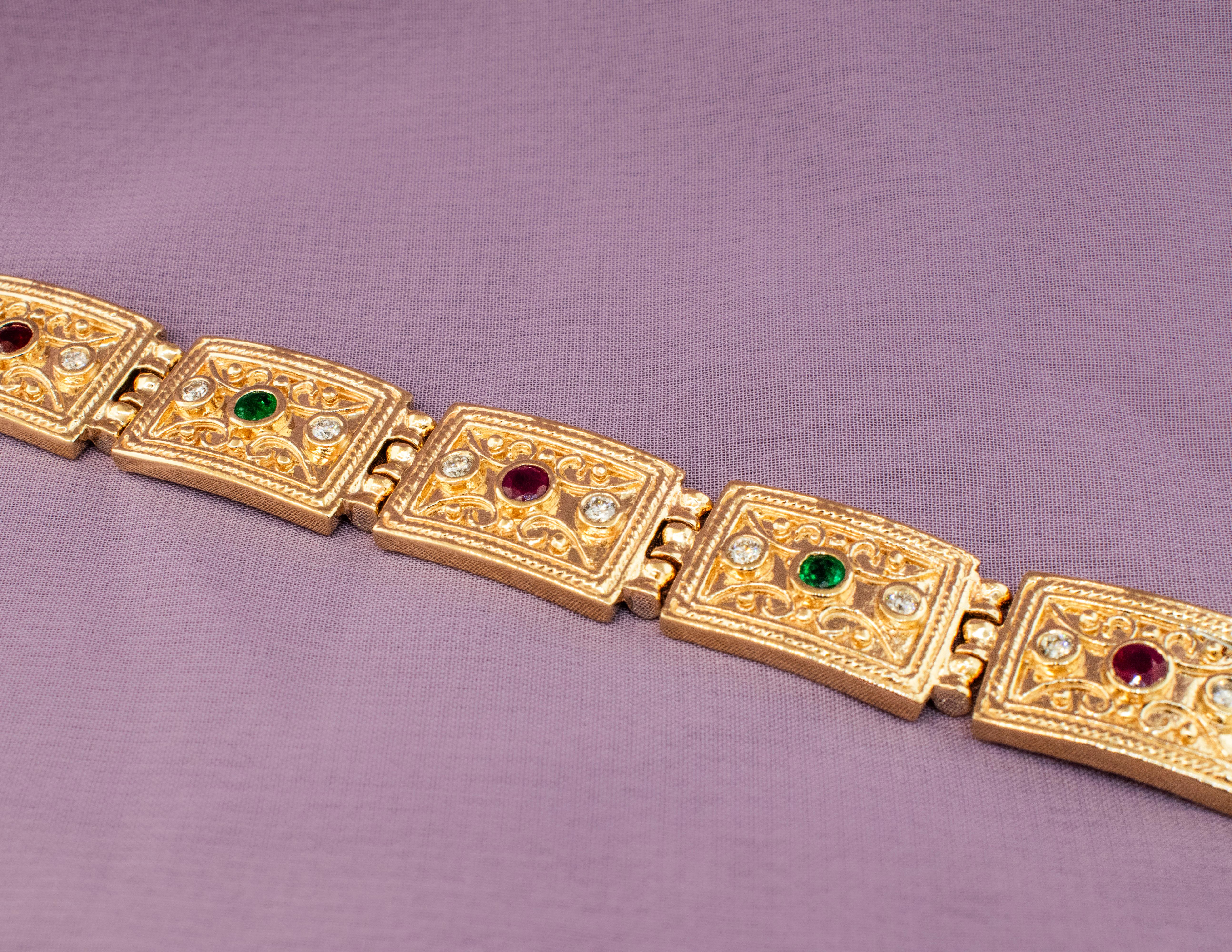 Women's Byzantine Bracelet in 14k Yellow Gold with Rubies, Emeralds, and Diamonds