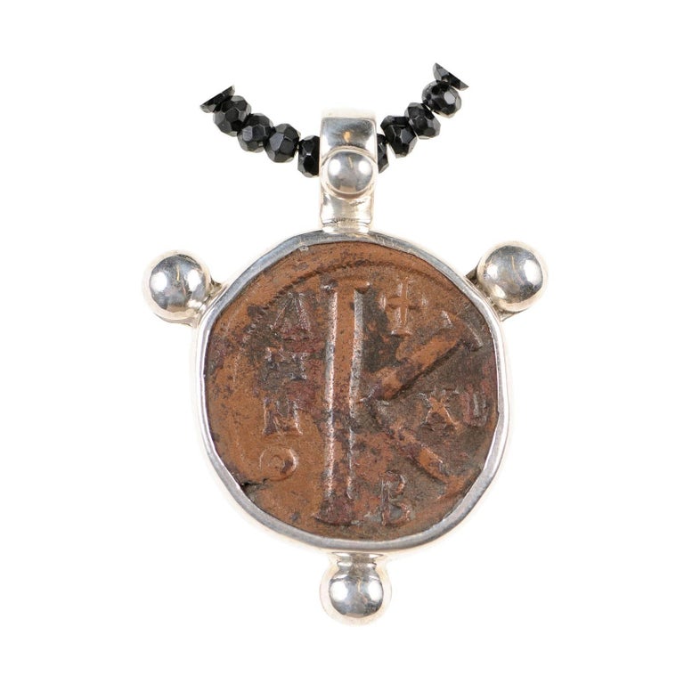 Byzantine Bronze "K" Coin Necklace in Sterling Silver Surround, circa