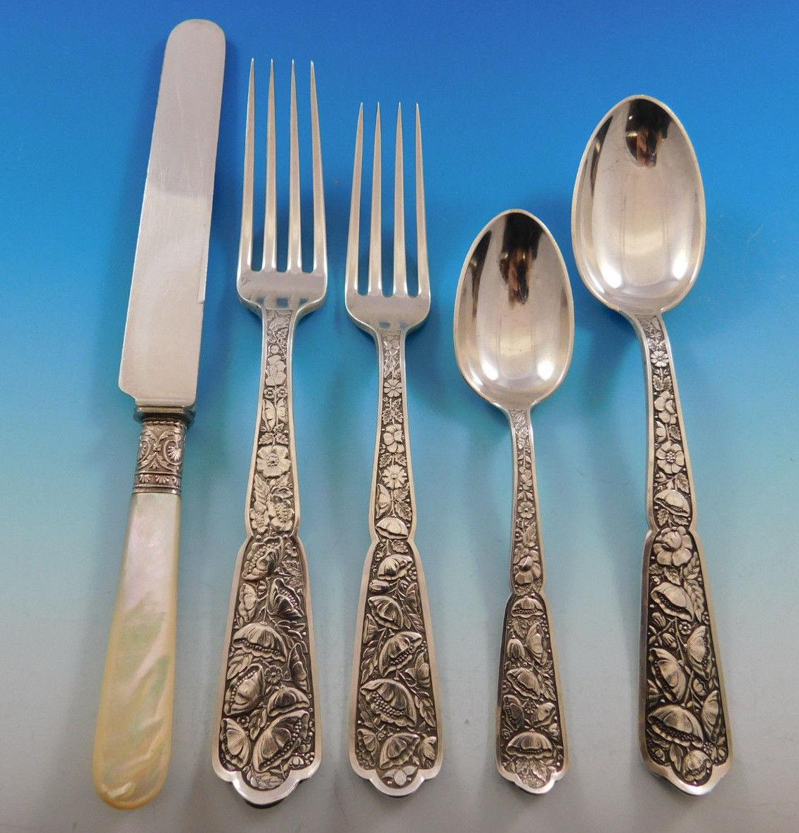 Outstanding Byzantine, circa 1875, by Wood & Hughes sterling silver flatware set 60 pieces. This set includes:

12 mother of pearl handle knives with floral sterling collars, 8 5/8