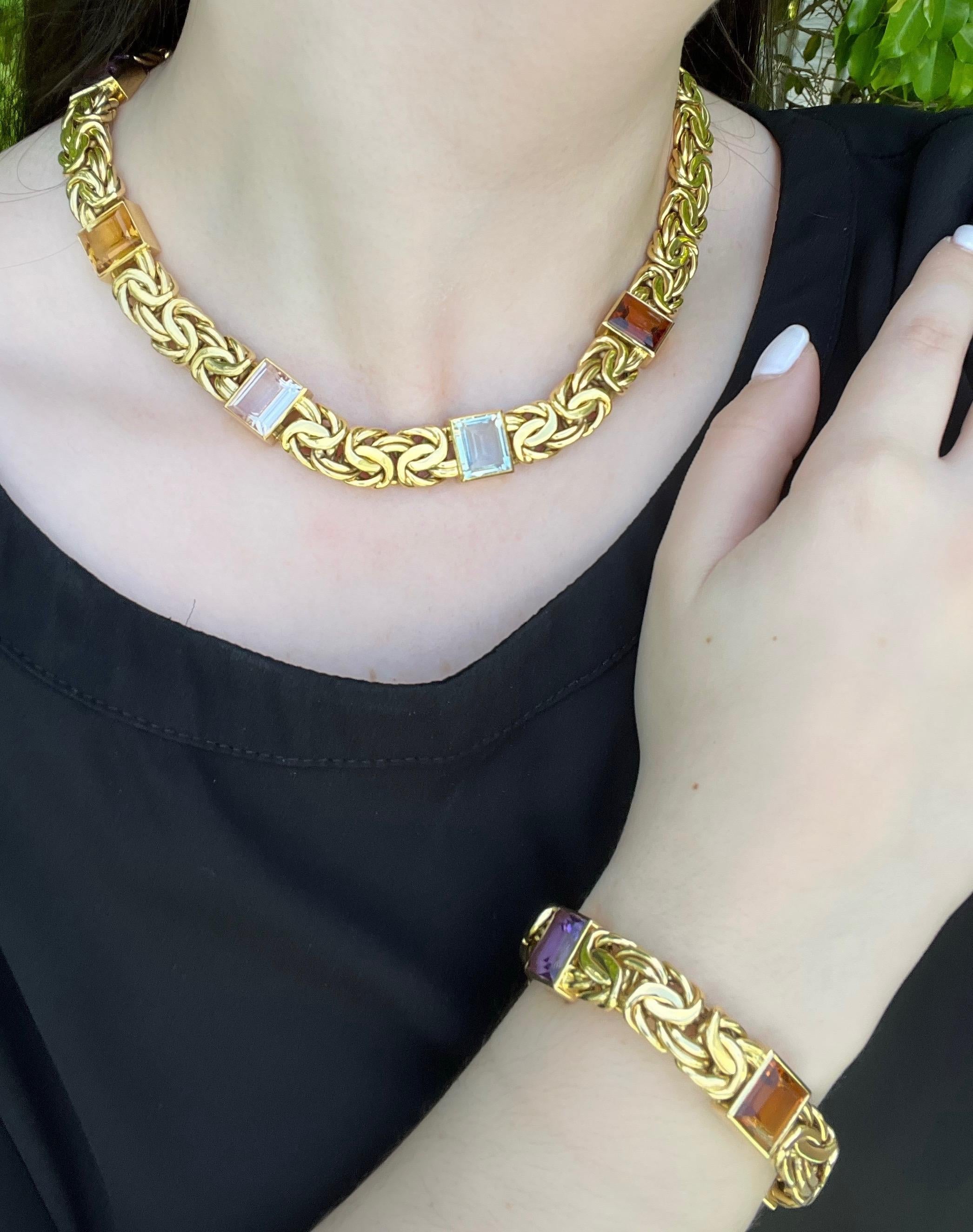 Byzantine Chain 18k Gold Multi Gem Bracelet Necklace Set in 18k Yellow Gold For Sale 3