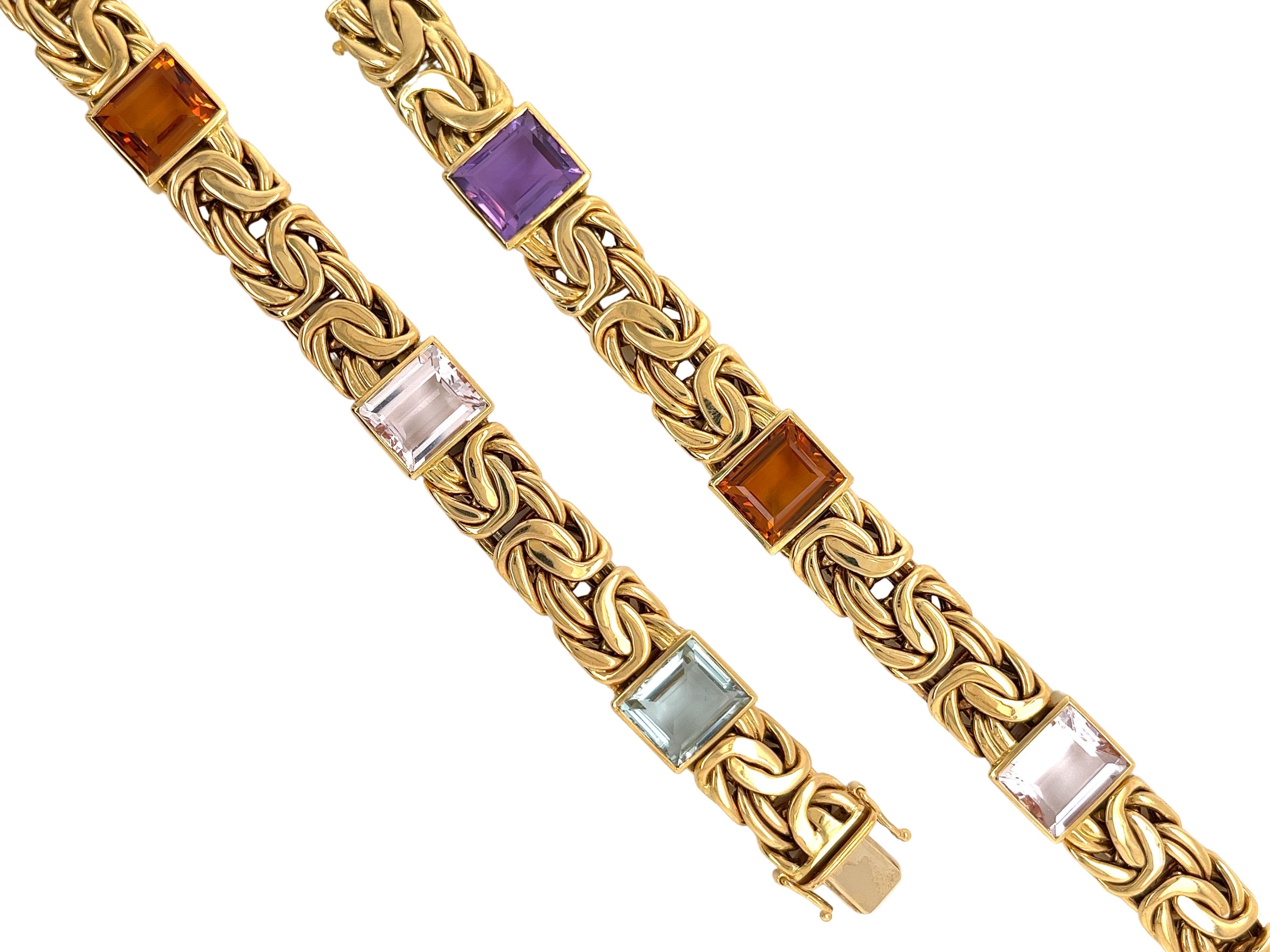 Byzantine style Multi-Gem bracelet/necklace in 18 karat gold. Set with 4 emerald cut gemstones of varying species and colors. Handcrafted in Germany with bezel set Kunzite, Citrine, Aquamarine, and Amethyst. Polished finish for long-lasting shine.