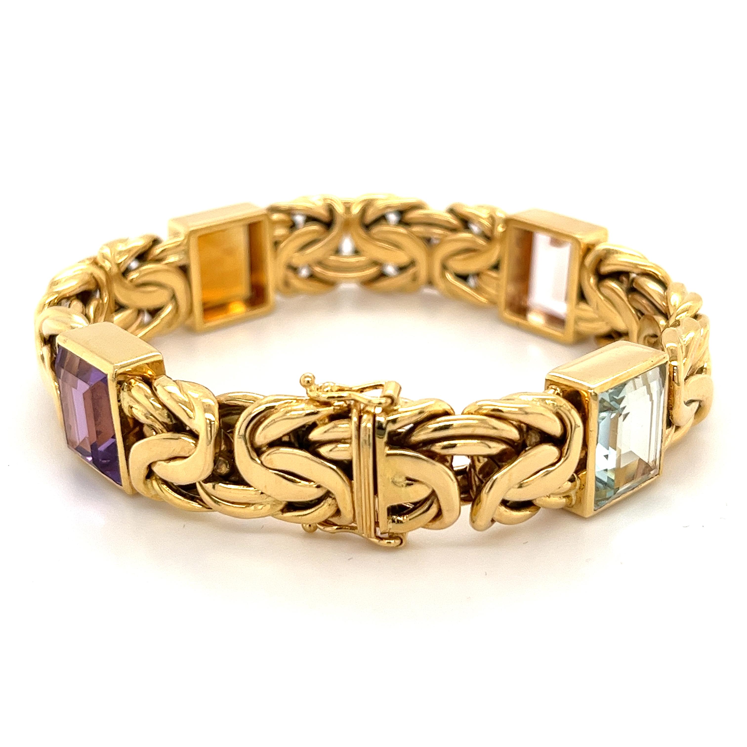 Emerald Cut Byzantine Chain 18k Gold Multi Gem Bracelet Necklace Set in 18k Yellow Gold For Sale
