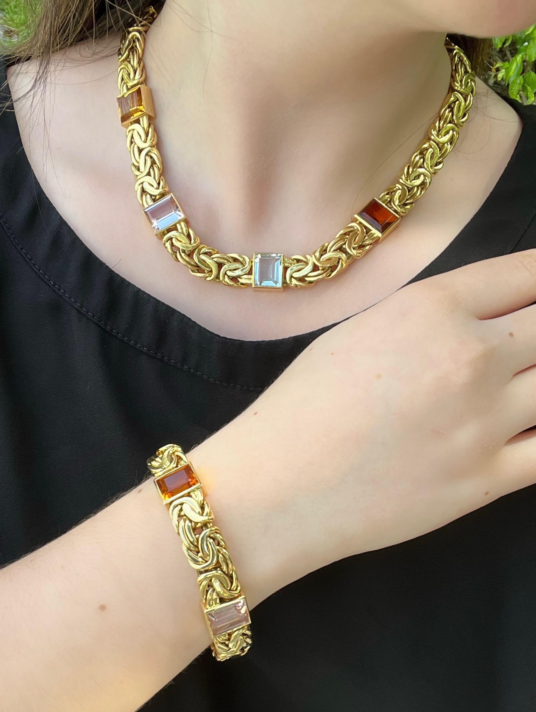 Byzantine Chain 18k Gold Multi Gem Bracelet Necklace Set in 18k Yellow Gold For Sale 1