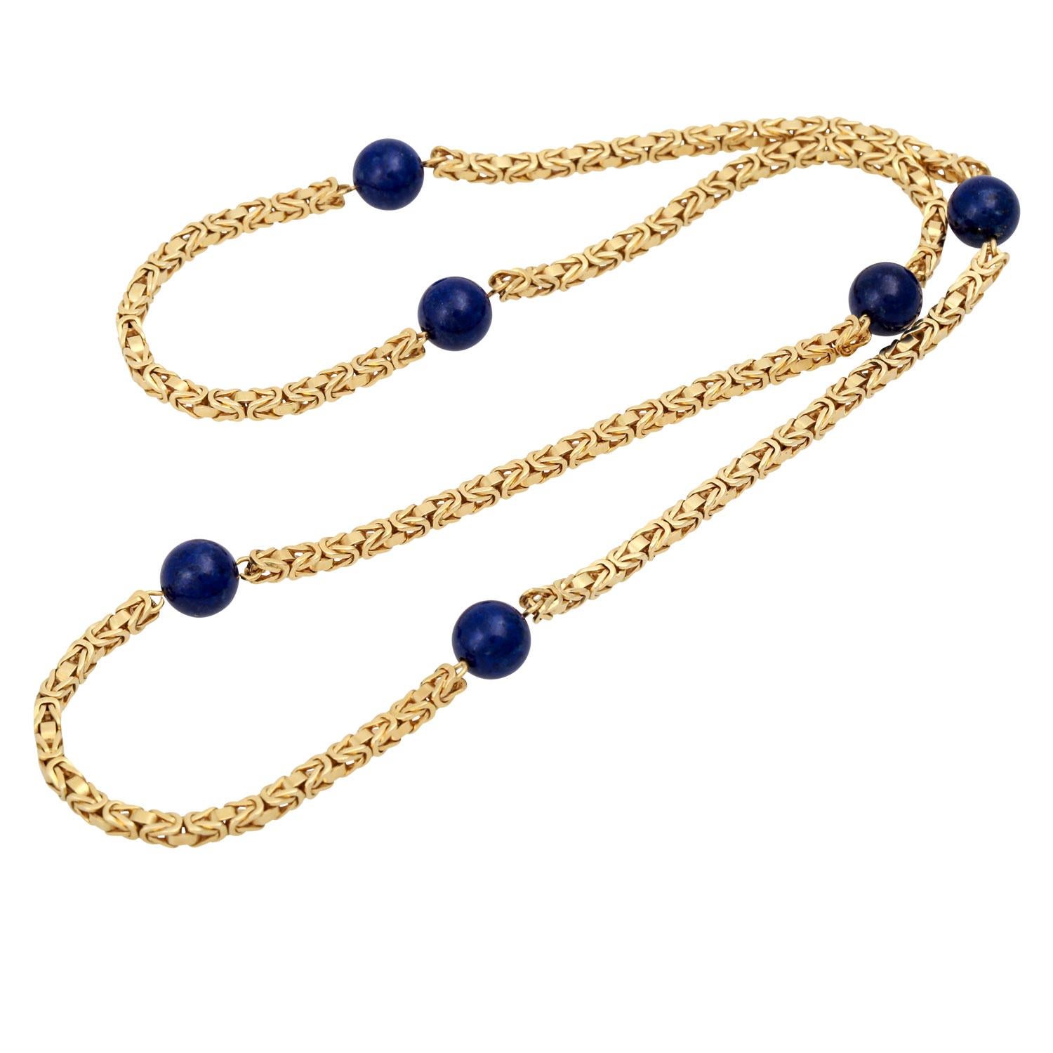 Bullet Cut Byzantine chain with 6 lapis lazuli beads. For Sale