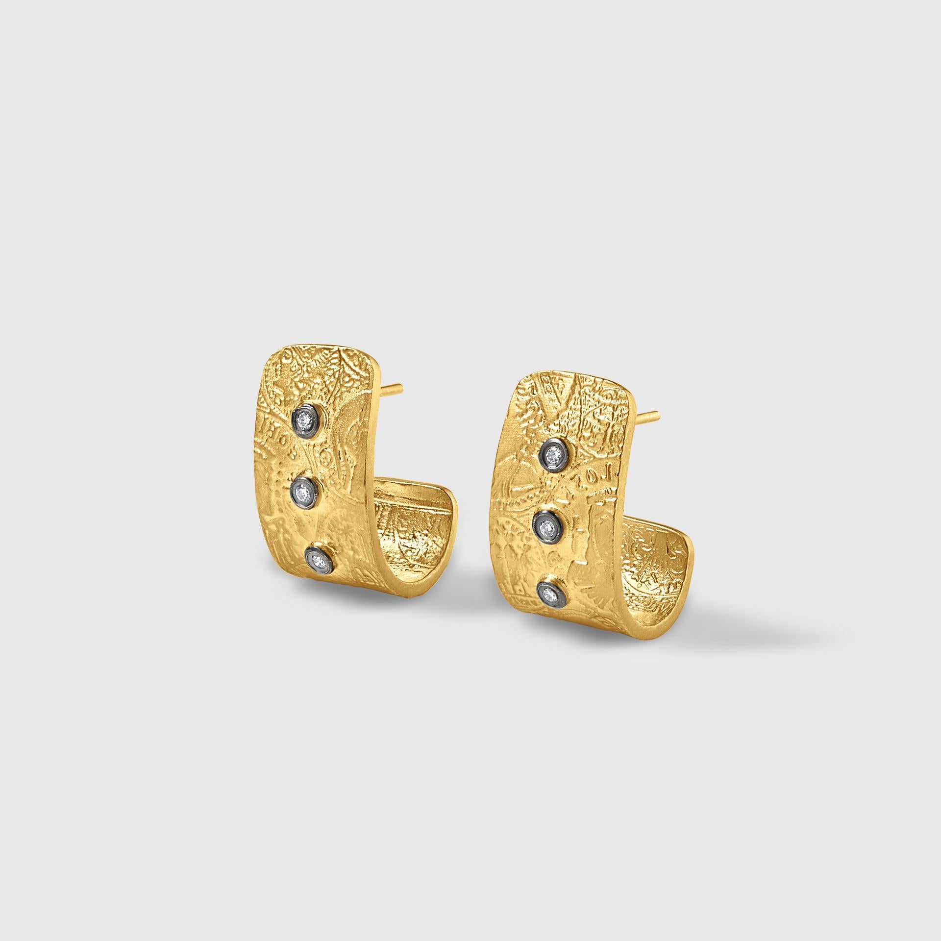 0.08 Carat Diamonds, Byzantine Coin Surface Post Earrings with Diamonds by Kurtulan Jewellery of Istanbul, Turkey 
Perfect for day or night. These earrings are made to order.  Delivery time takes approximately 4-6 weeks.

About Kurtulan:
A jewellery